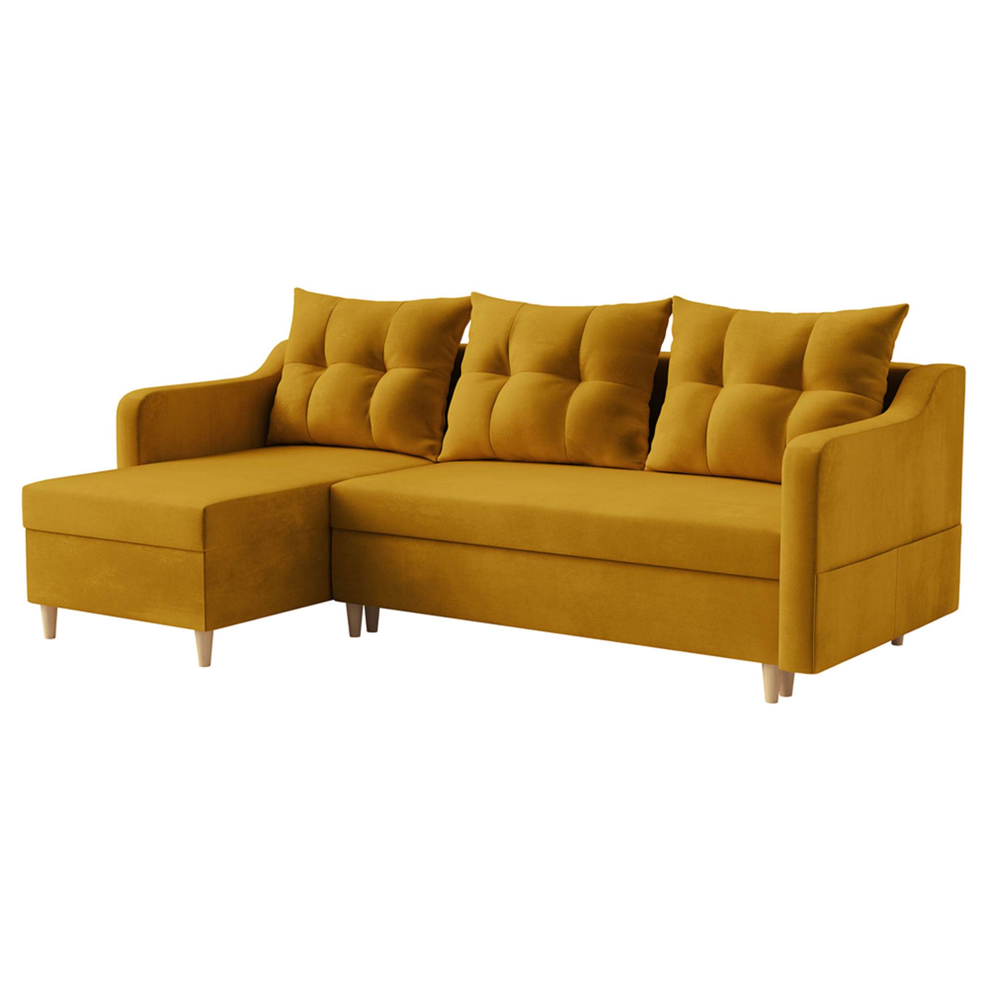 Narożnik z funkcją spania Bernial L-kształtny z pojemnikiem uniwersalny musztardowy