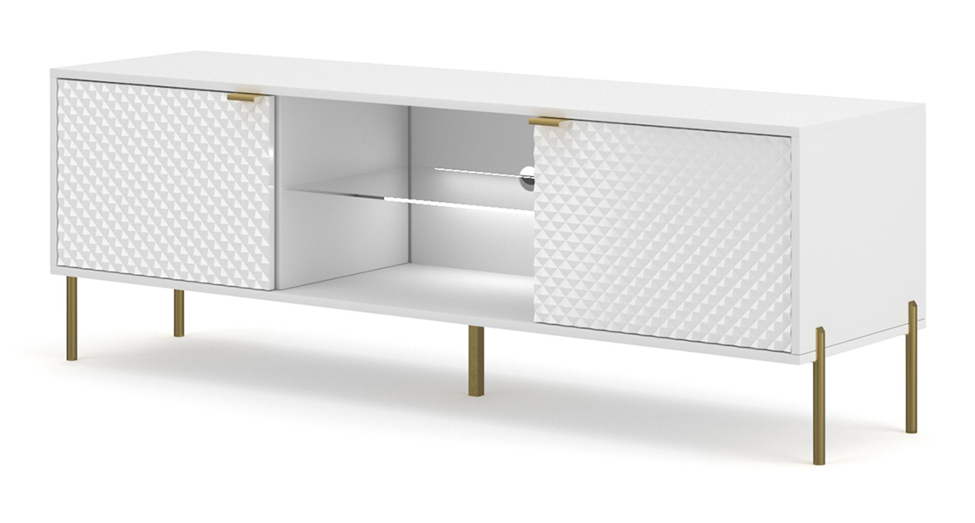 Szafka RTV Calvio 160 cm ryflowany front, biała z led i złotymi nogami - zdjęcie 1