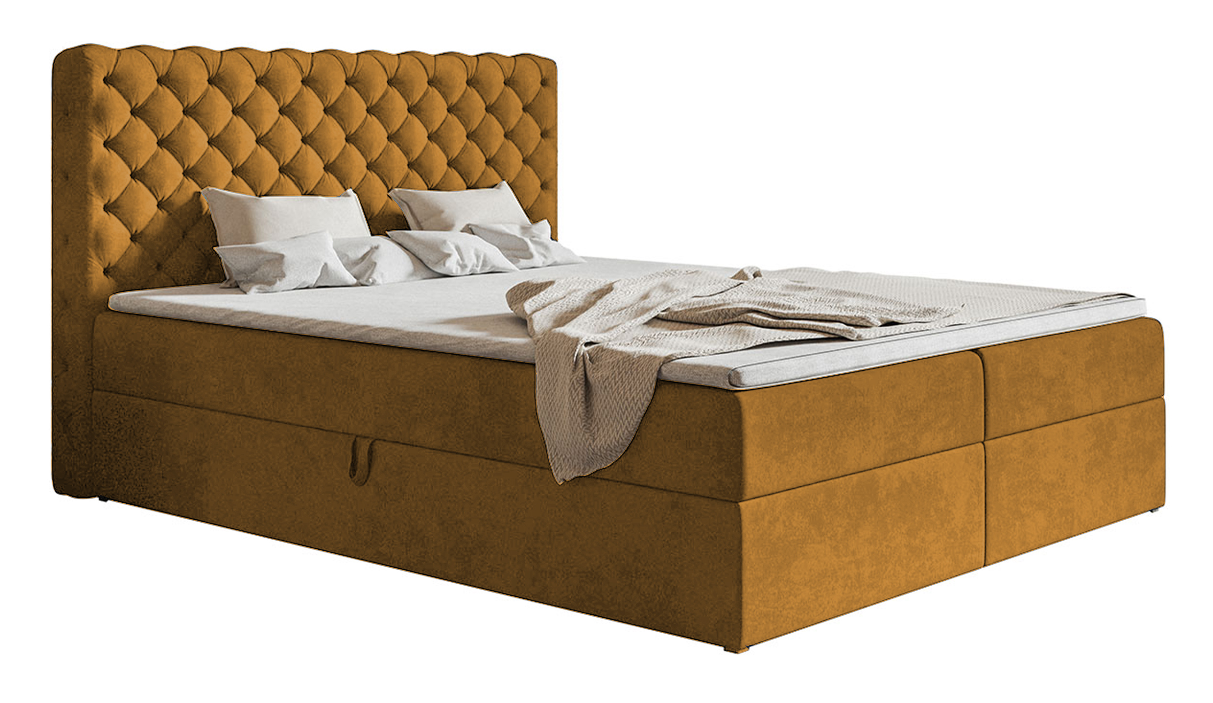 Łóżko kontynentalne 180x200 cm Balzetti z pikowanym wezgłowiem z pojemnikami i topperem materac pocketowy musztardowe - zdjęcie 1