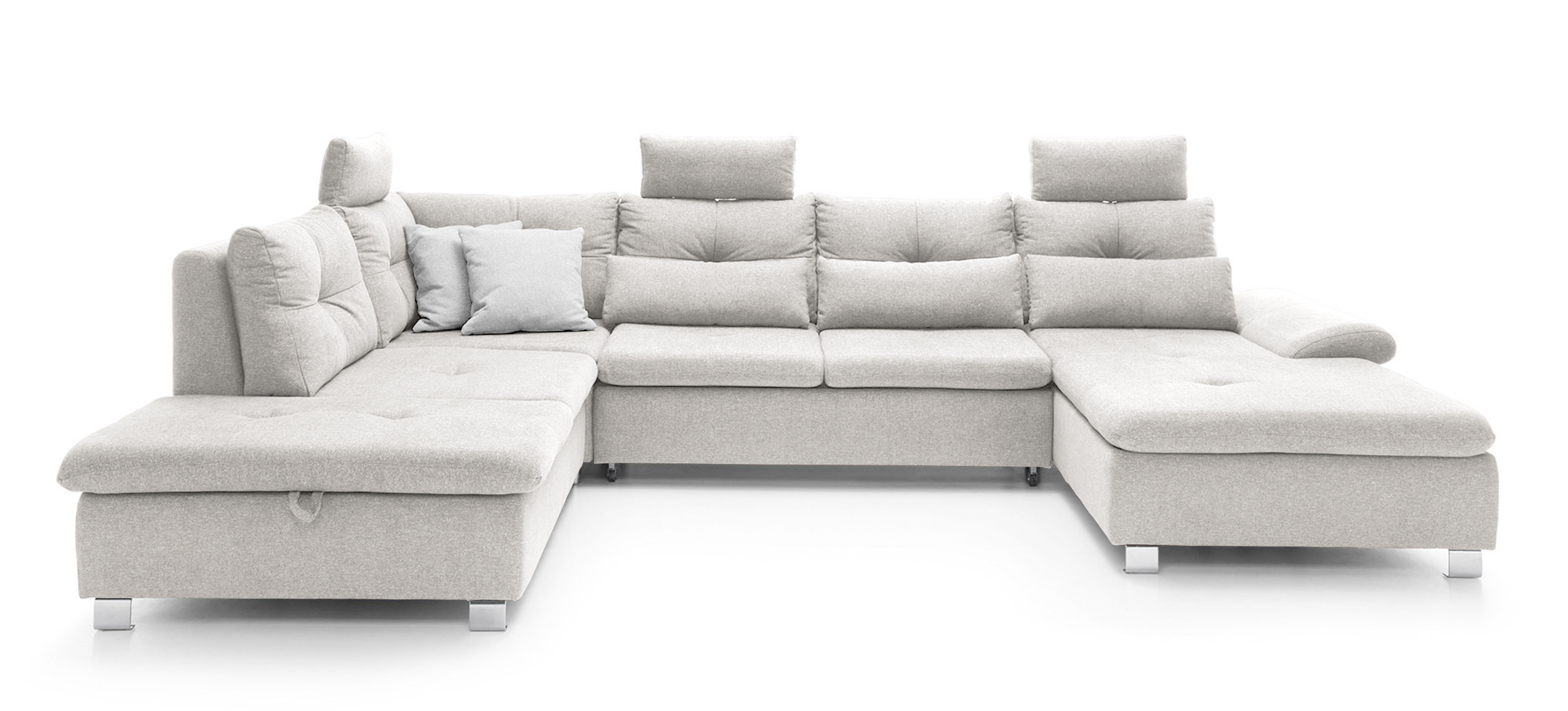 Narożnik z funkcją spania Josella U z pojemnikiem beżowy w tkaninie hydrofobowej plecionka prawostronny - zdjęcie 1