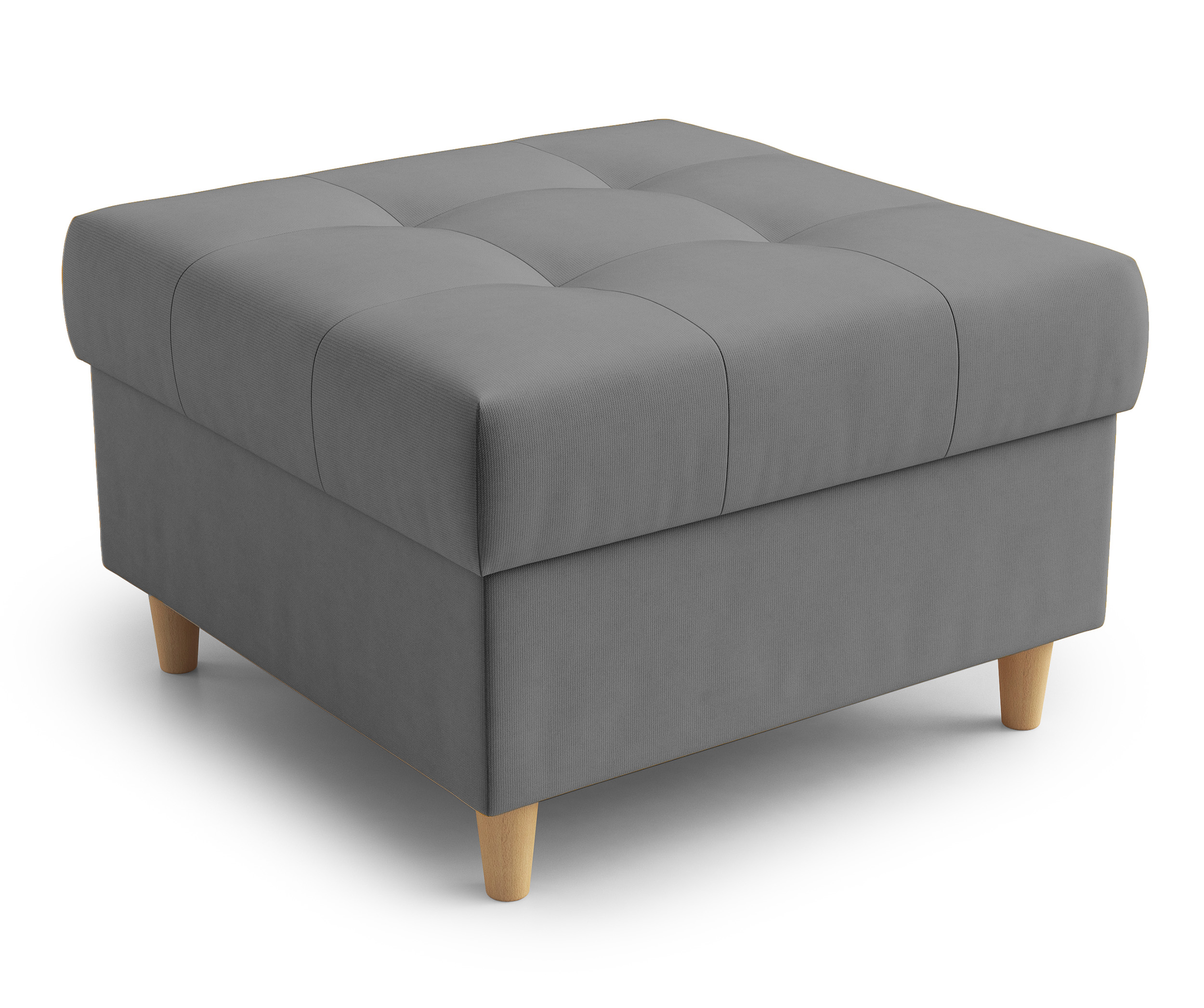 Pufa na drewnianych nóżkach Berrec pikowana jasnoszara welur - zdjęcie 1