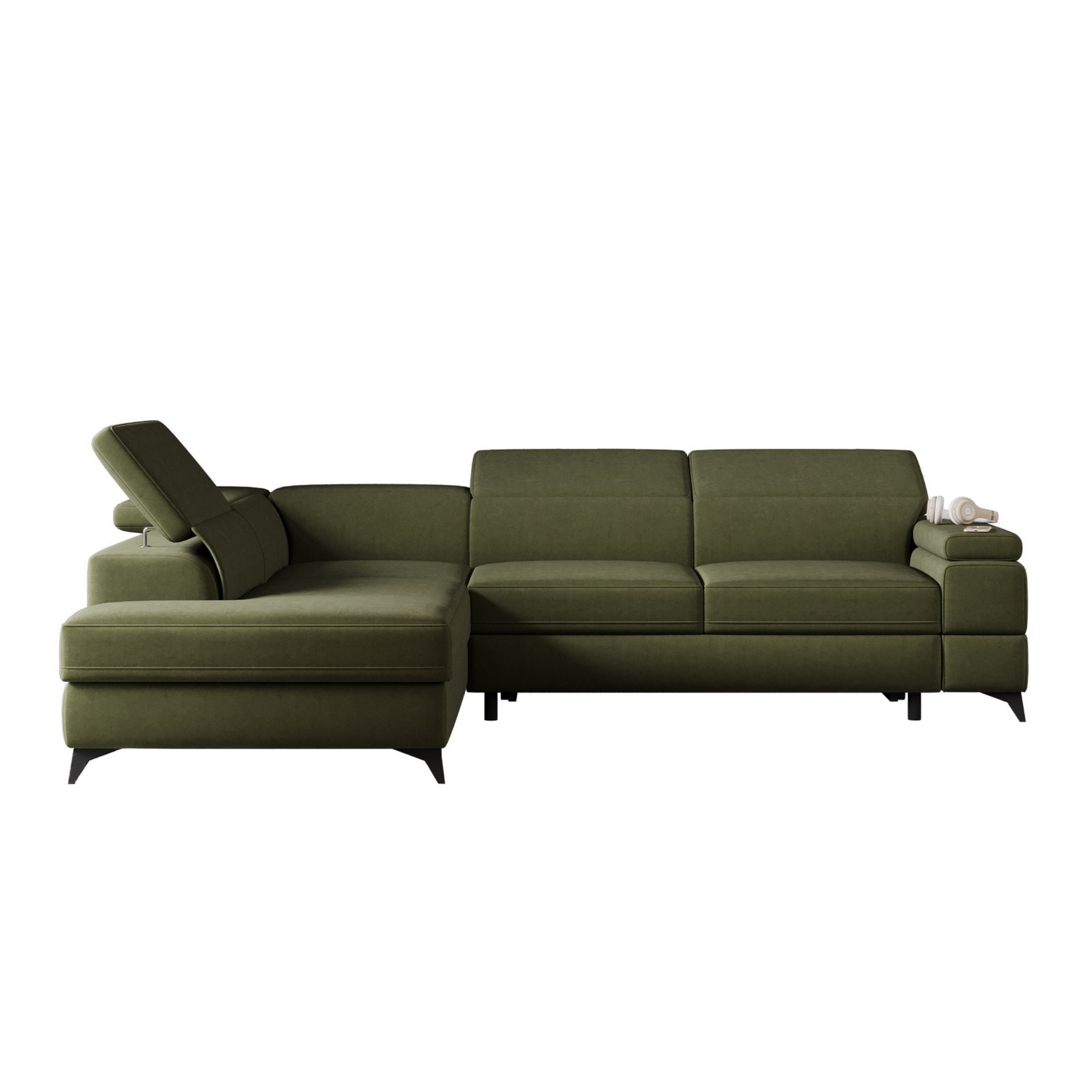 Narożnik rozkładany Fossanova L-kształtny z pojemnikiem lewostronny oliwkowy welur hydrofobowy