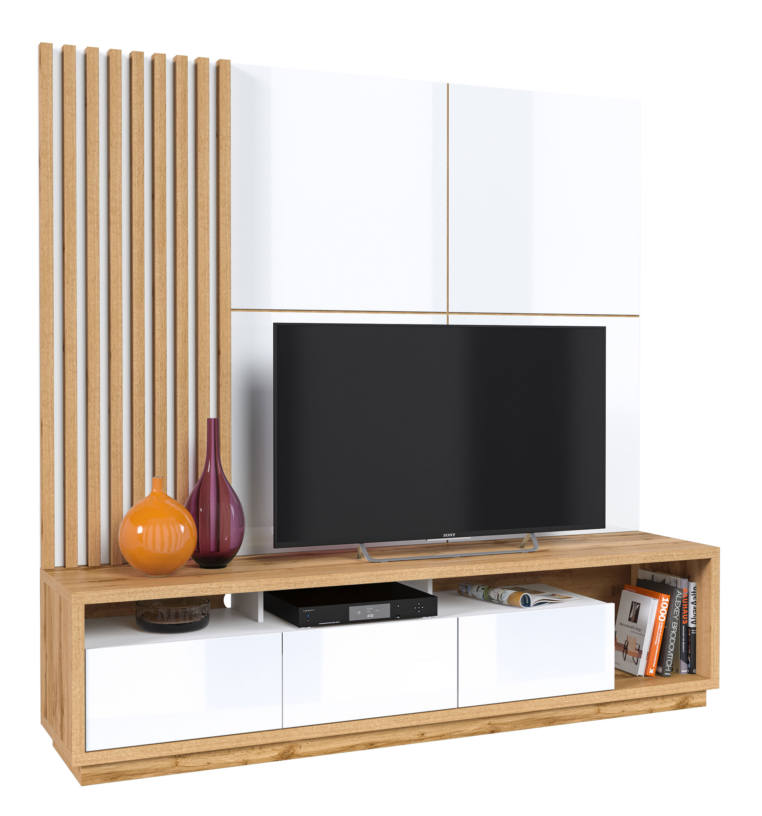 Szafka RTV Timellin 200 cm dąb wotan/biała z wąskim panelem ściennym lamelowym - zdjęcie 1