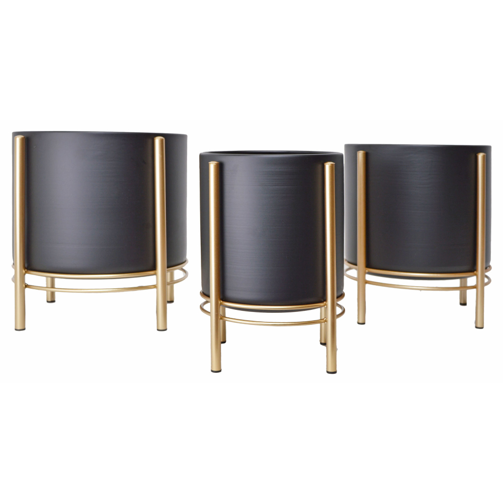 Zestaw trzech doniczek Trantory czarne na złotym stelażu - zdjęcie 1