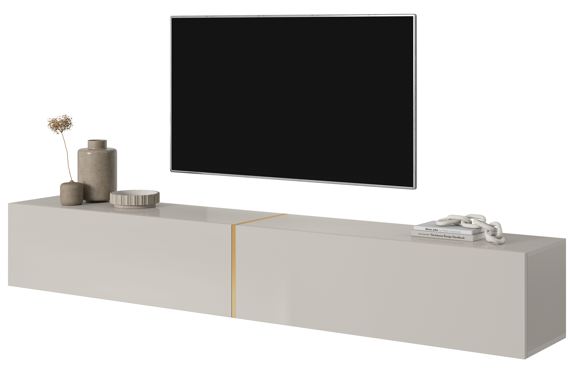 Szafka RTV Bisira 200 cm Szary beż ze złotą wstawką - zdjęcie 1