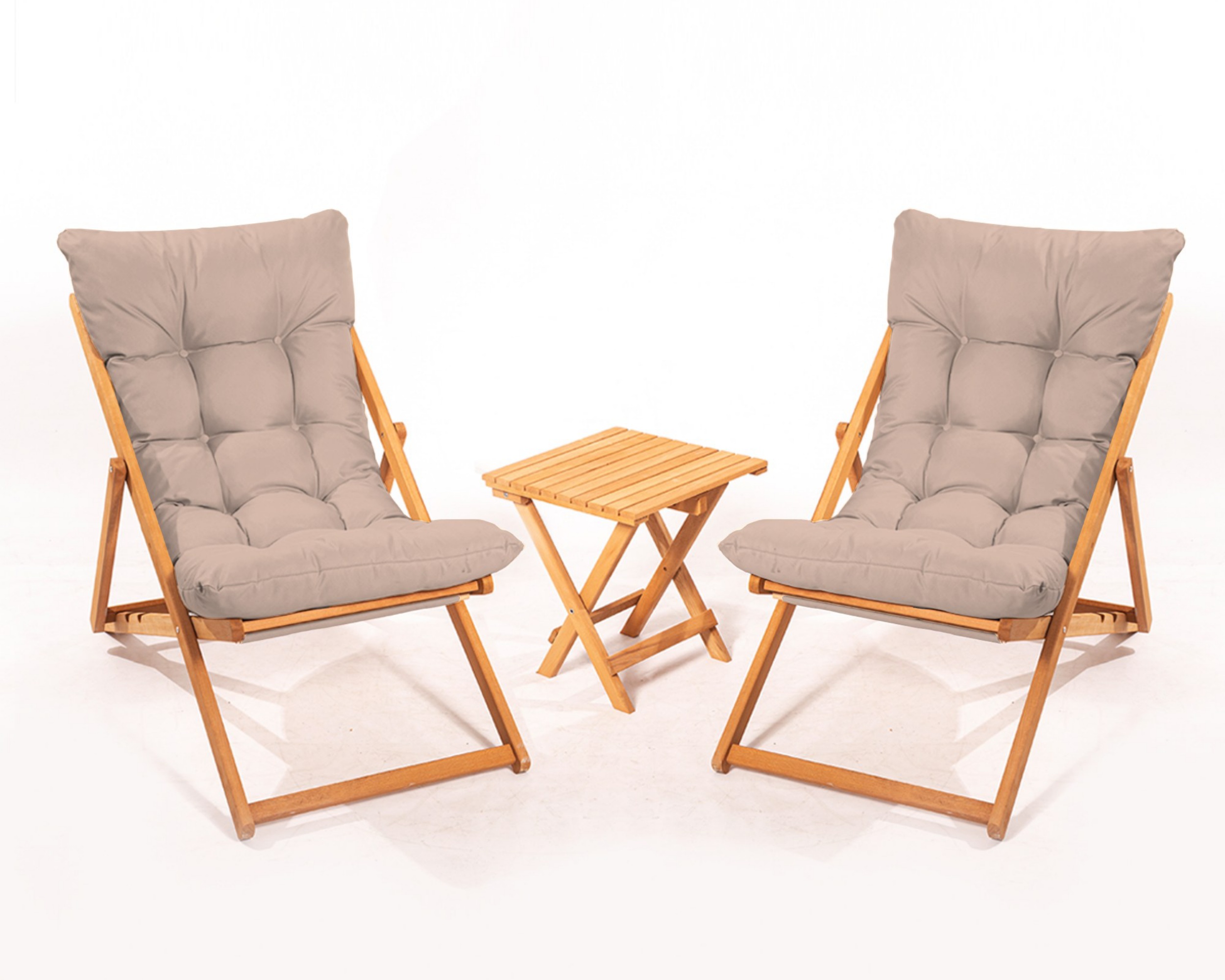 Zestaw drewnianych leżaków ogrodowych Bertive i stolika/  beżowa poducha - zdjęcie 1