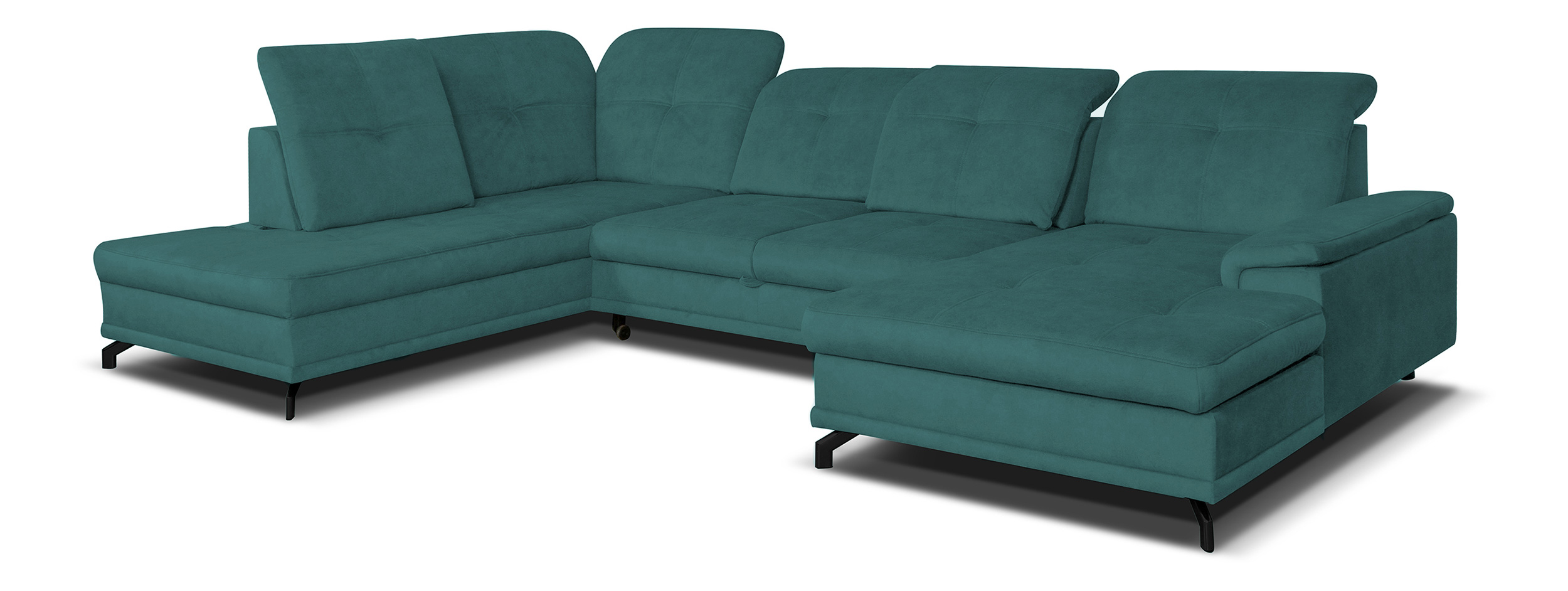 Narożnik z funkcją spania Berberati U-kształtny zielony nogi czarne velvet hydrofobowy z pojemnikiem prawostronny - zdjęcie 1