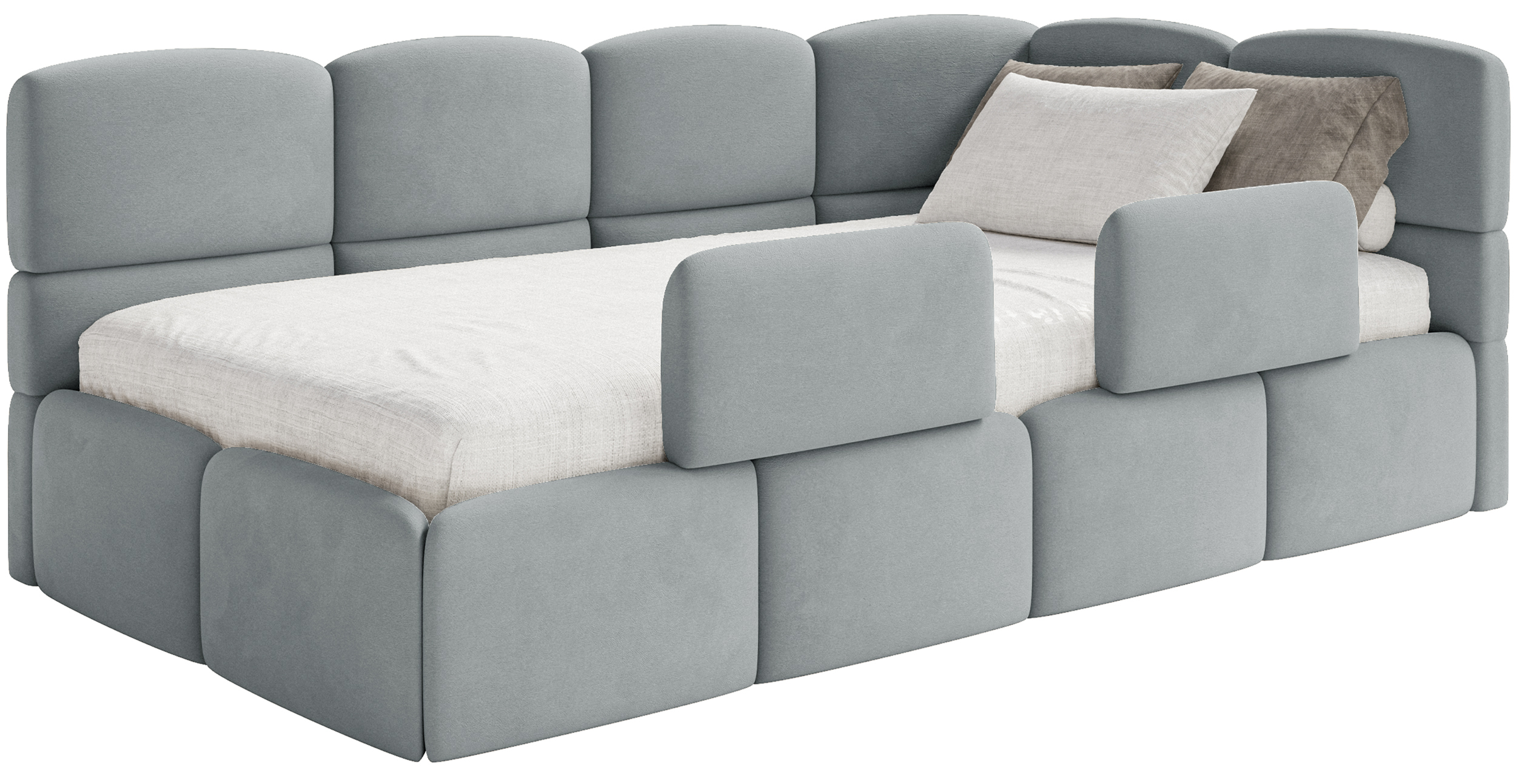 Łóżko młodzieżowe 90x200 cm Cloudy prawostronne z pojemnikiem i barierkami szare welur hydrofobowy łatwoczyszczący