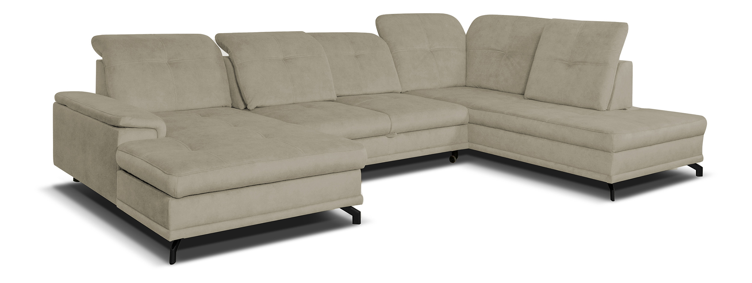 Narożnik z funkcją spania Berberati U-kształtny beżowy nogi czarne velvet hydrofobowy z pojemnikiem lewostronny - zdjęcie 1