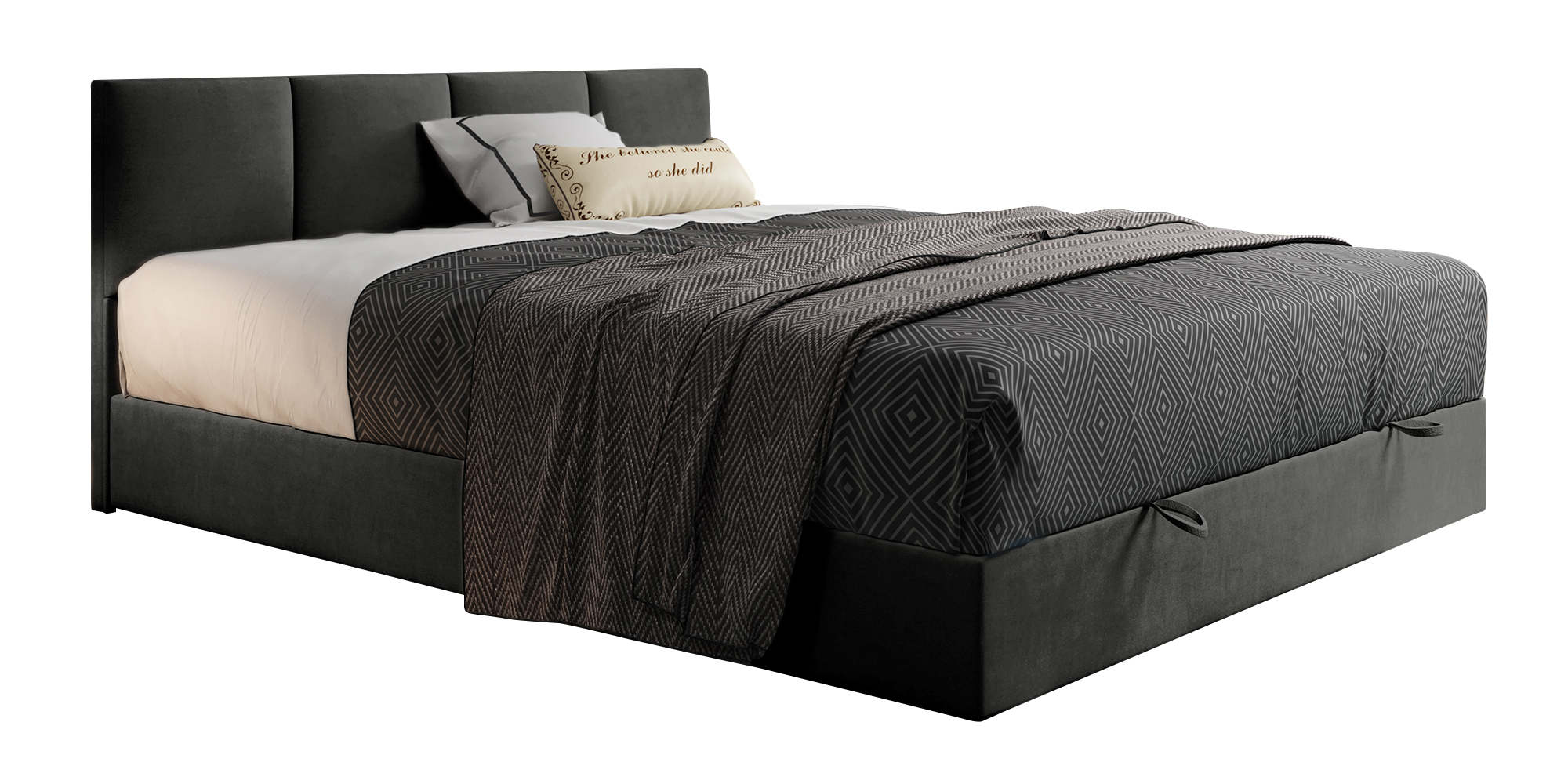 Łóżko kontynentalne 140x200 cm Rekand z pojemnikiem z materacem kieszeniowym i topperem ciemnoszare welur - zdjęcie 1