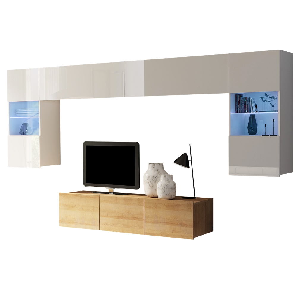 Meblościanka Kirdon z szafką RTV o szerokości 150 cm Dąb złoty / Biały  - zdjęcie 1