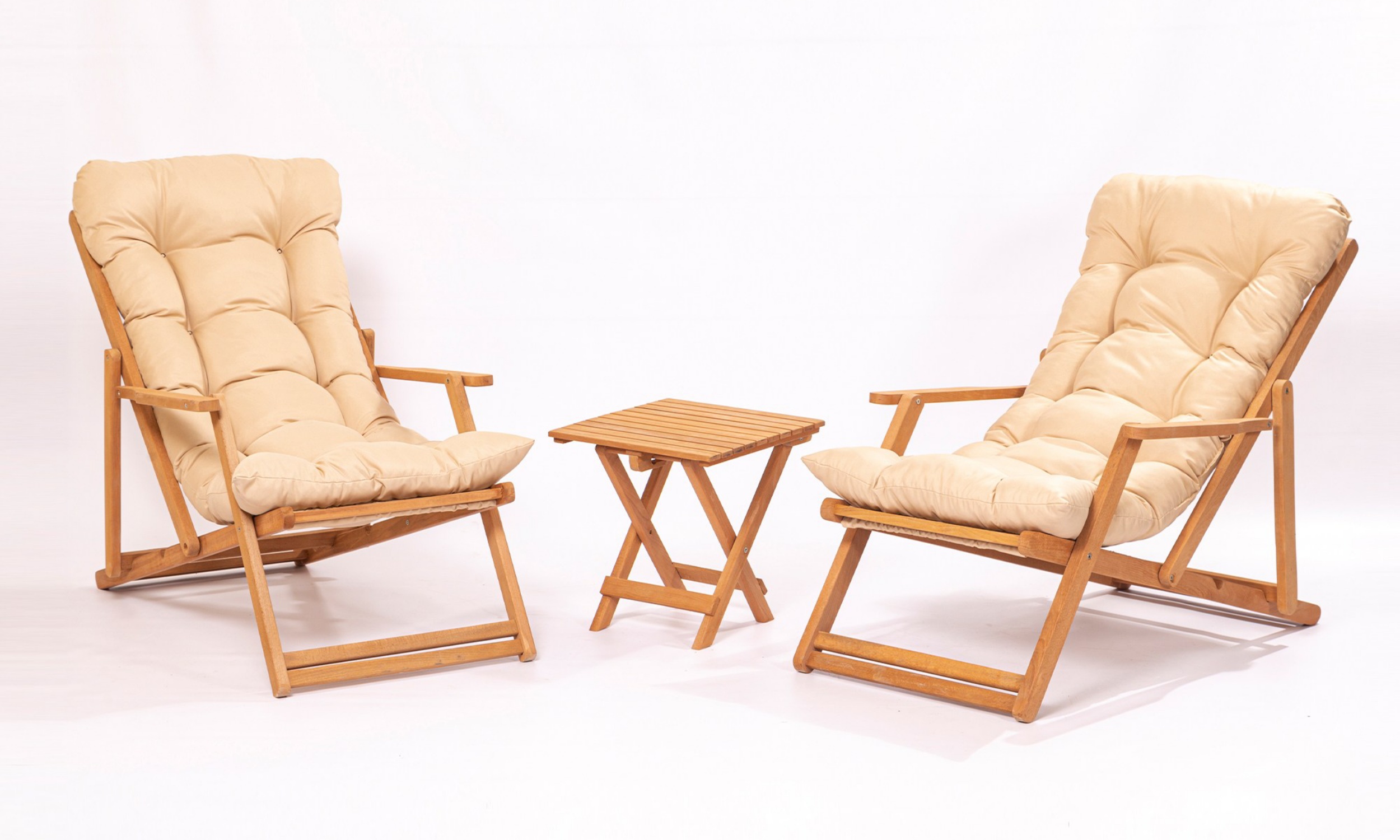 Zestaw dwóch drewnianych leżaków ogrodowych Viliess i stolika/ kremowe poducha - zdjęcie 1