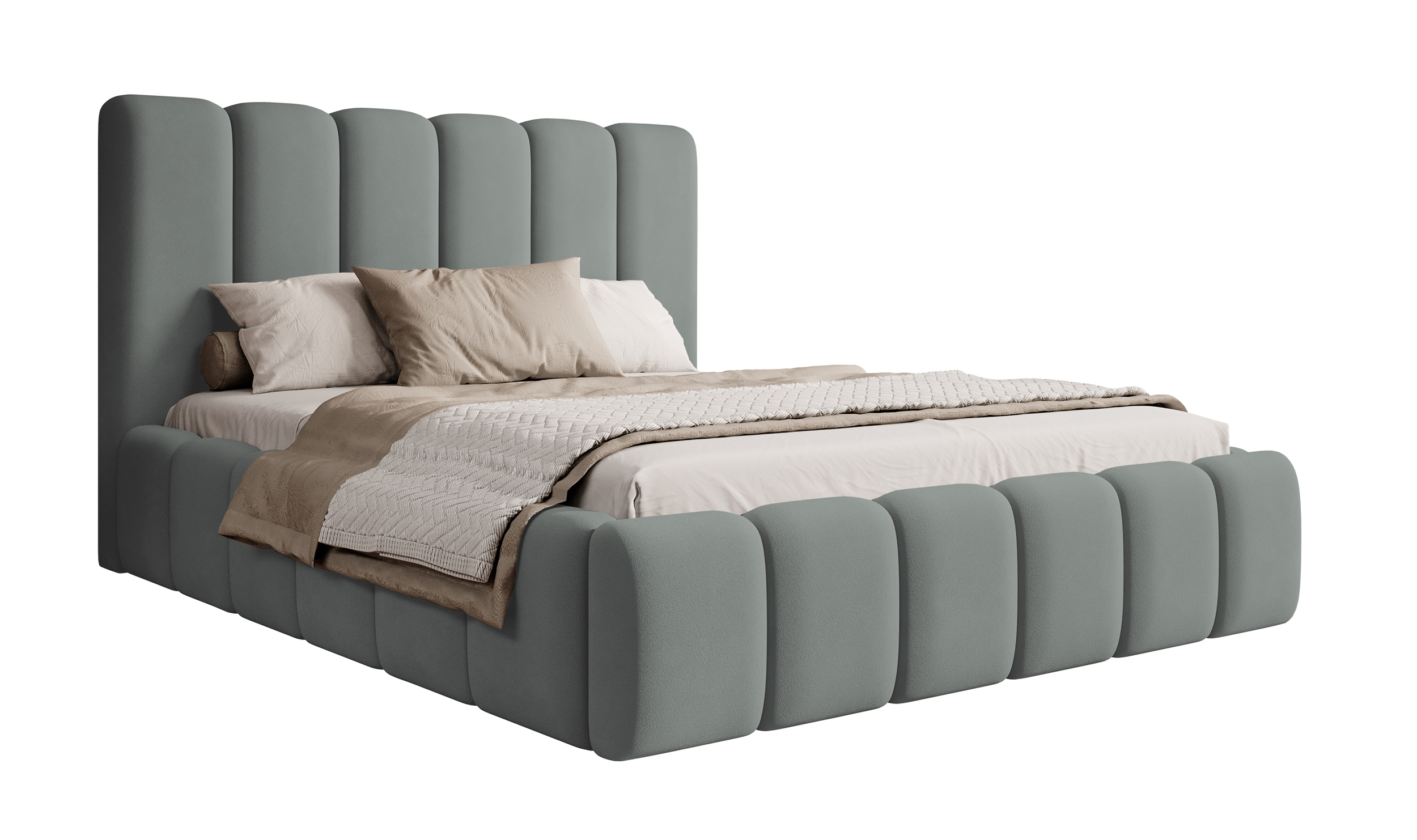 Łóżko tapicerowane 160x200 cm Biscottino szare z pojemnikiem steleż metalowy podnośnik gazowy