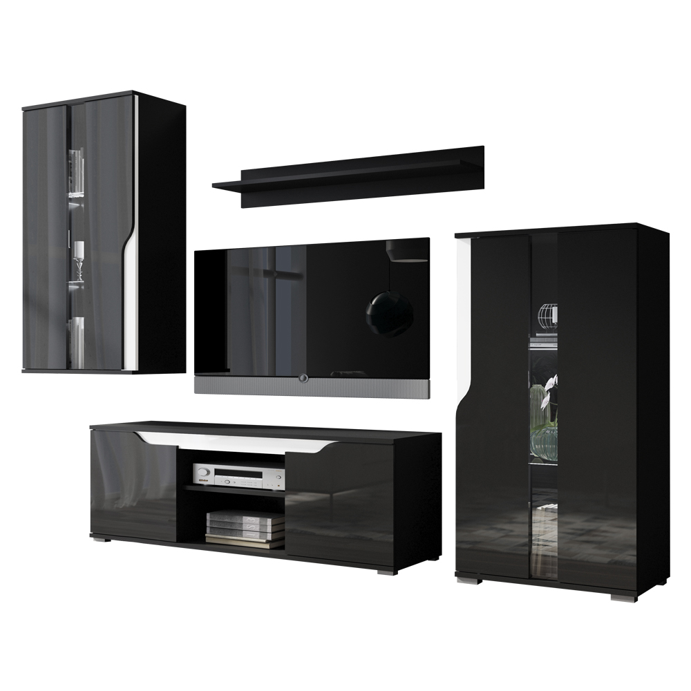 Meblościanka Promina z dwiema witrynami Czarny mat / Czarny połysk / Biały połysk  - zdjęcie 1