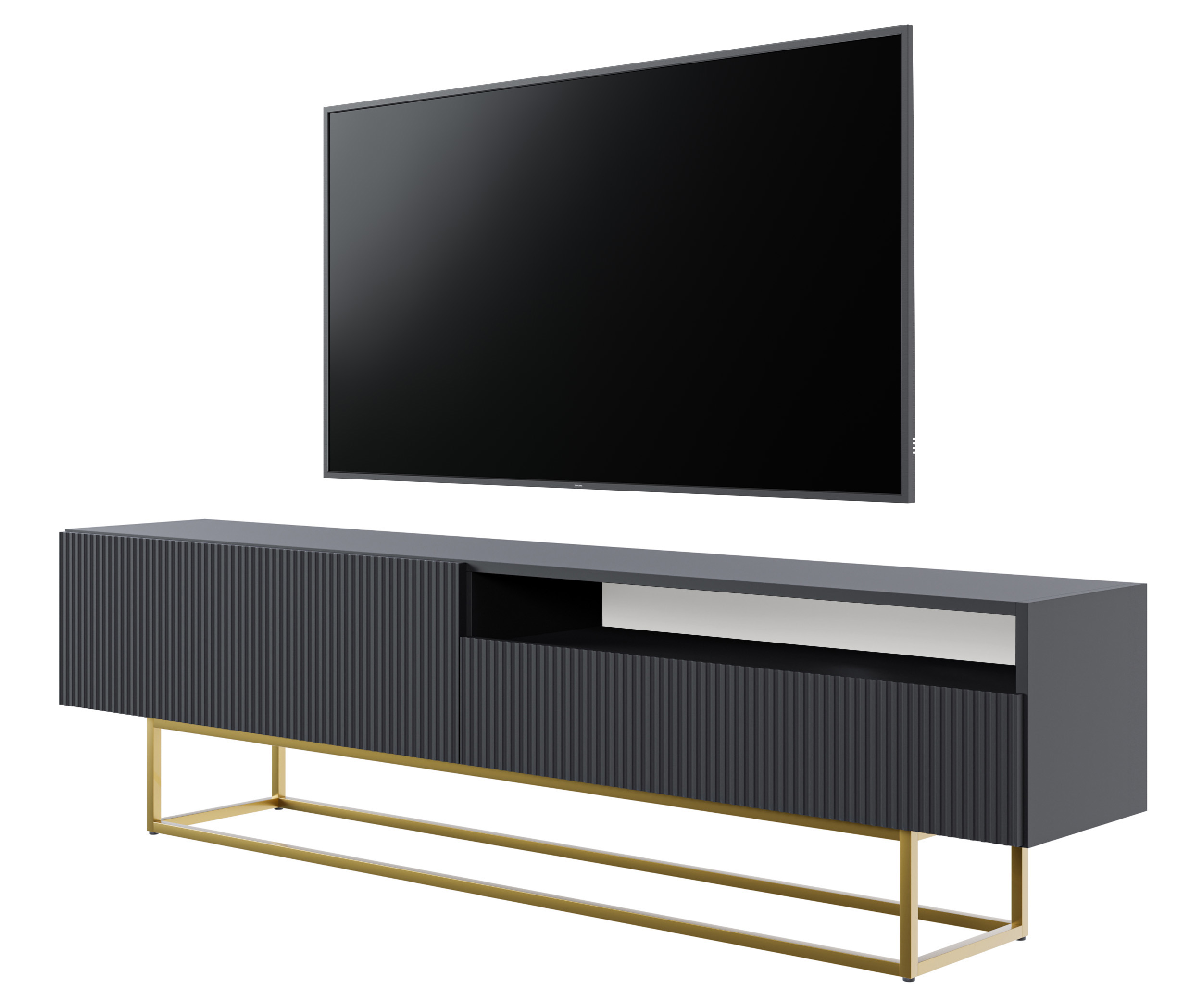 TV-Schrank Veldio mit 175 cm Nische, schwarz mit goldenen Beinen - zdjęcie 1