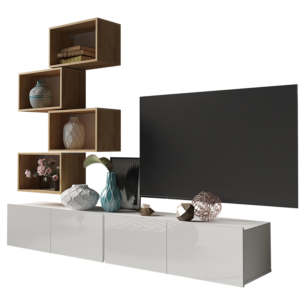 Meblościanka Kirdon z czterema otwartymi półkami Biały / Dąb złoty - zdjęcie 1