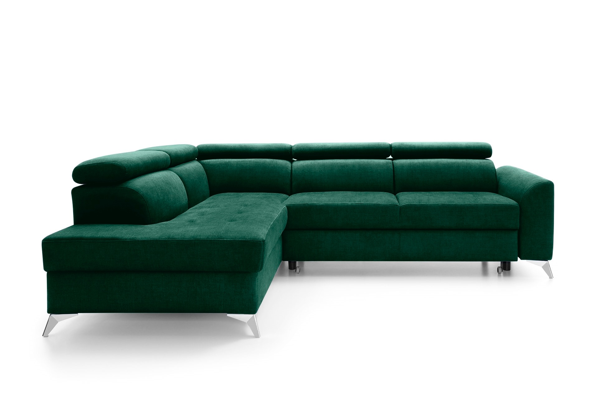 Narożnik z funkcją spania Beress L-kształtny z regulowanymi zagłówkami i pojemnikiem zielony welwet łatwoczyszczący lewostronny