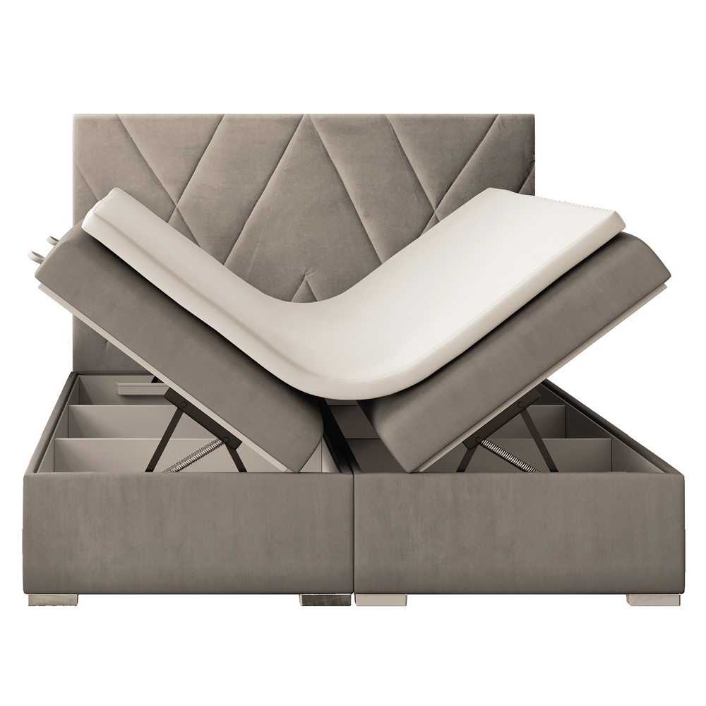 Łóżko kontynentalne 140x200 cm Korello z pojemnikami i topperem beżowe welwet hydrofobowy - zdjęcie 1