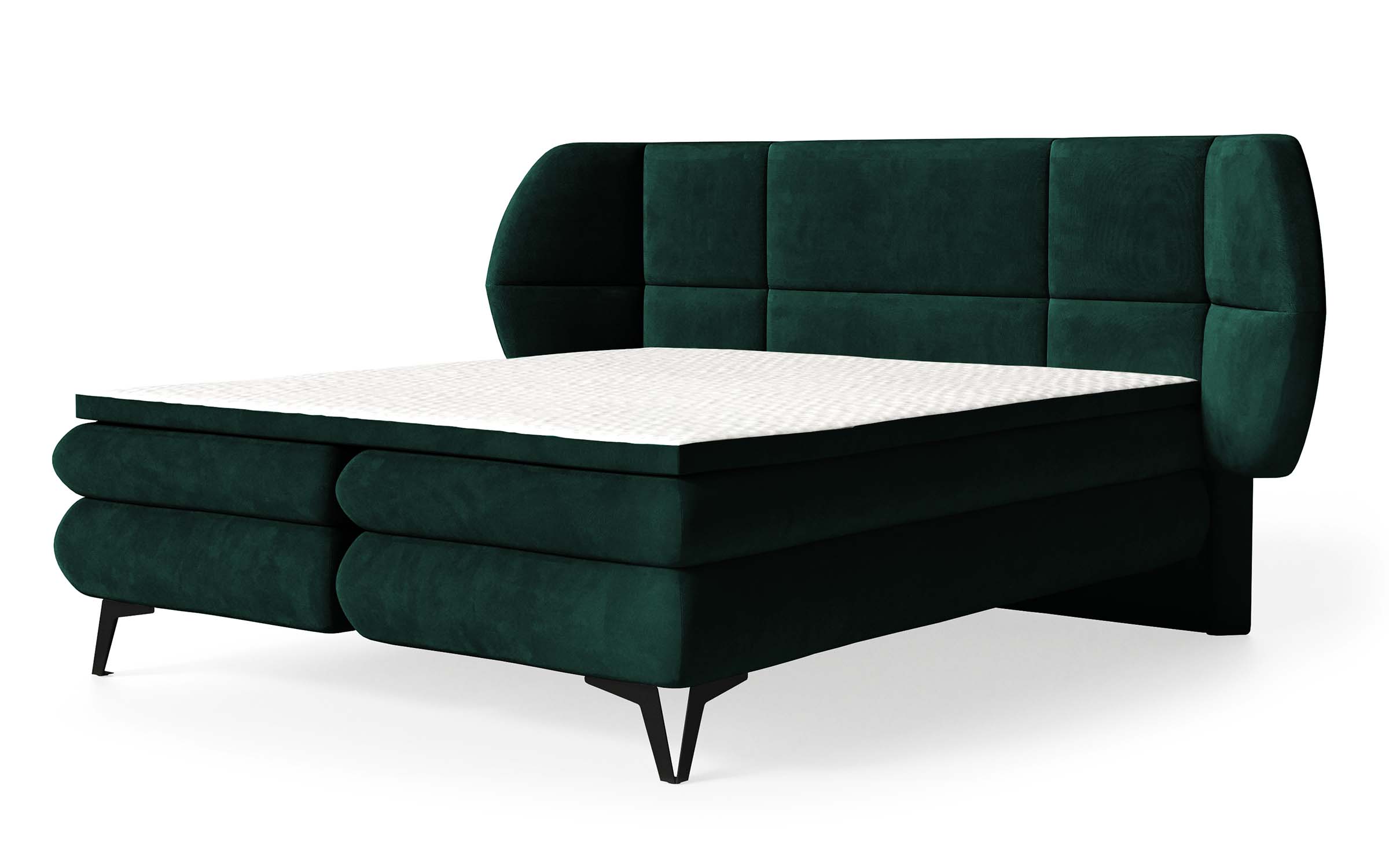 Łóżko kontynentalne 140x200 cm Cermone z pojemnikami i topperem panelowe przeszycia na wezgłowiu zielone - zdjęcie 1