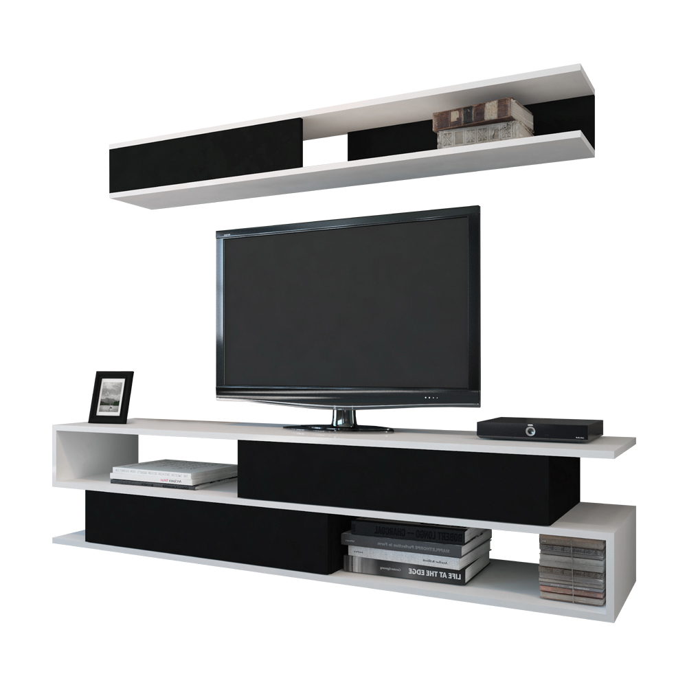 Szafka RTV Jeffrey z czarnymi frontami i z półką naścienną - zdjęcie 1