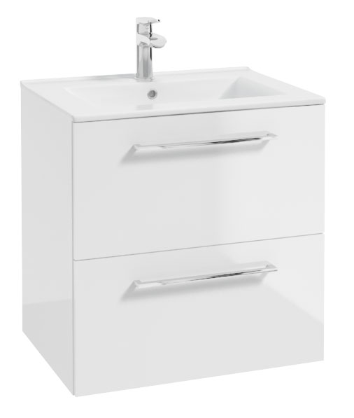 Szafka pod umywalkę Modullac 60 cm biały połysk z dwiema szufladami i srebrnym uchwytem - zdjęcie 1