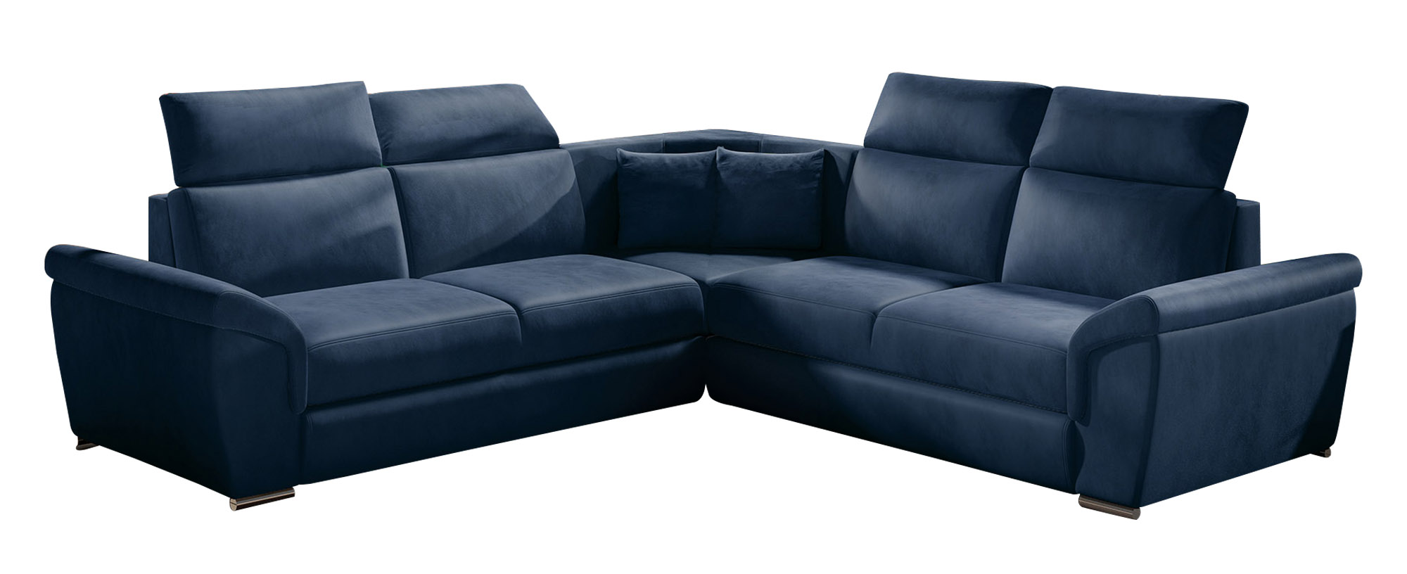 Narożnik z funkcją spania Koraj L-kształtny z pojemnikiem uniwersalny granatowy welwet hydrofobowy - zdjęcie 1