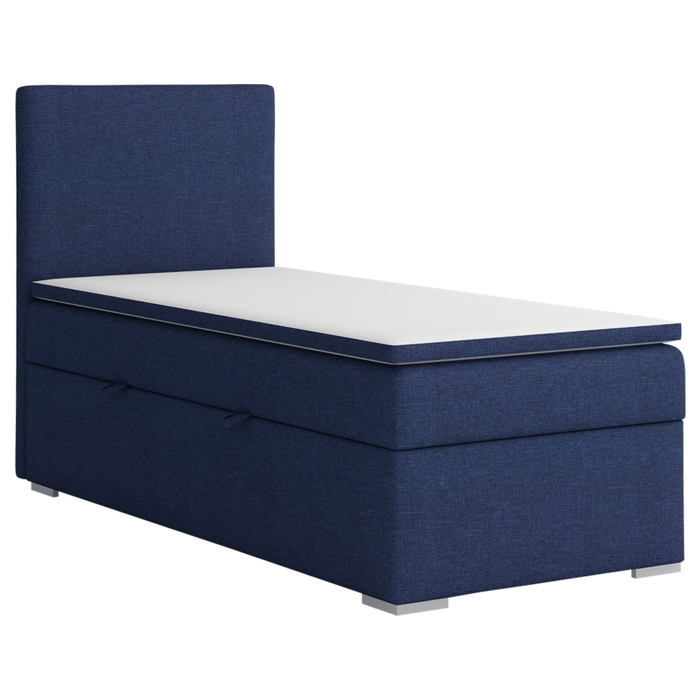 Łóżko kontynentalne jednoosobowe z pojemnikiem i topperem Mechico 90x200 cm granatowe plecionka lewostronne - zdjęcie 1