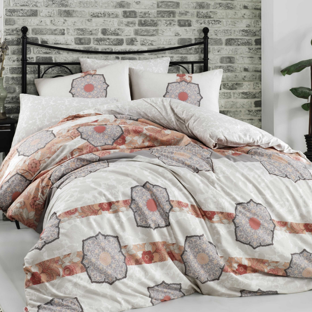 Komplet pościeli Emanuel 160x220 cm z poszewką na poduszkę 50x70 cm i z prześcieradłem szaro-łososiowy - zdjęcie 1