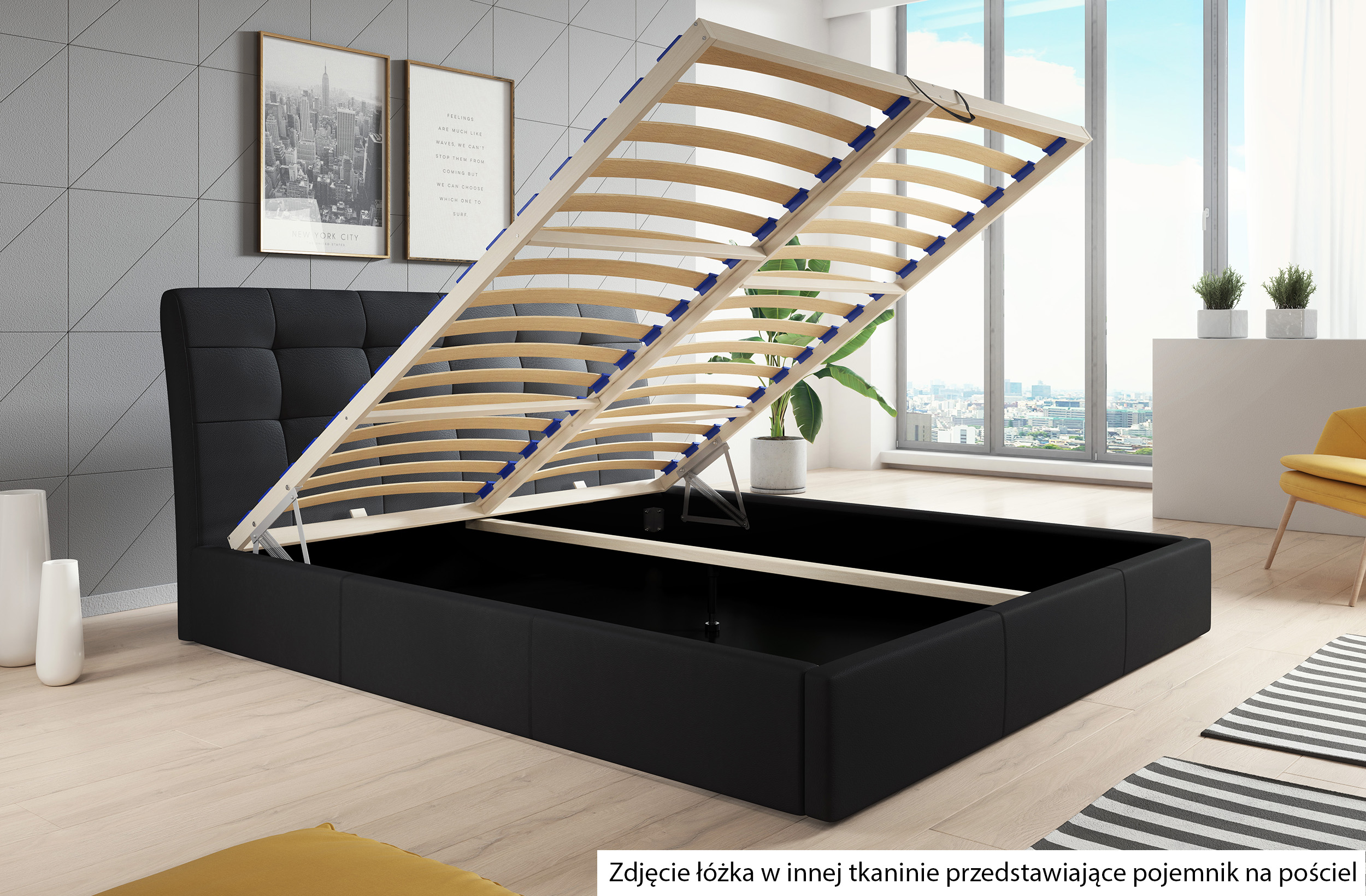 Łóżko tapicerowane 180x200 cm Alneo z pojemnikiem jasnoszare plecionka