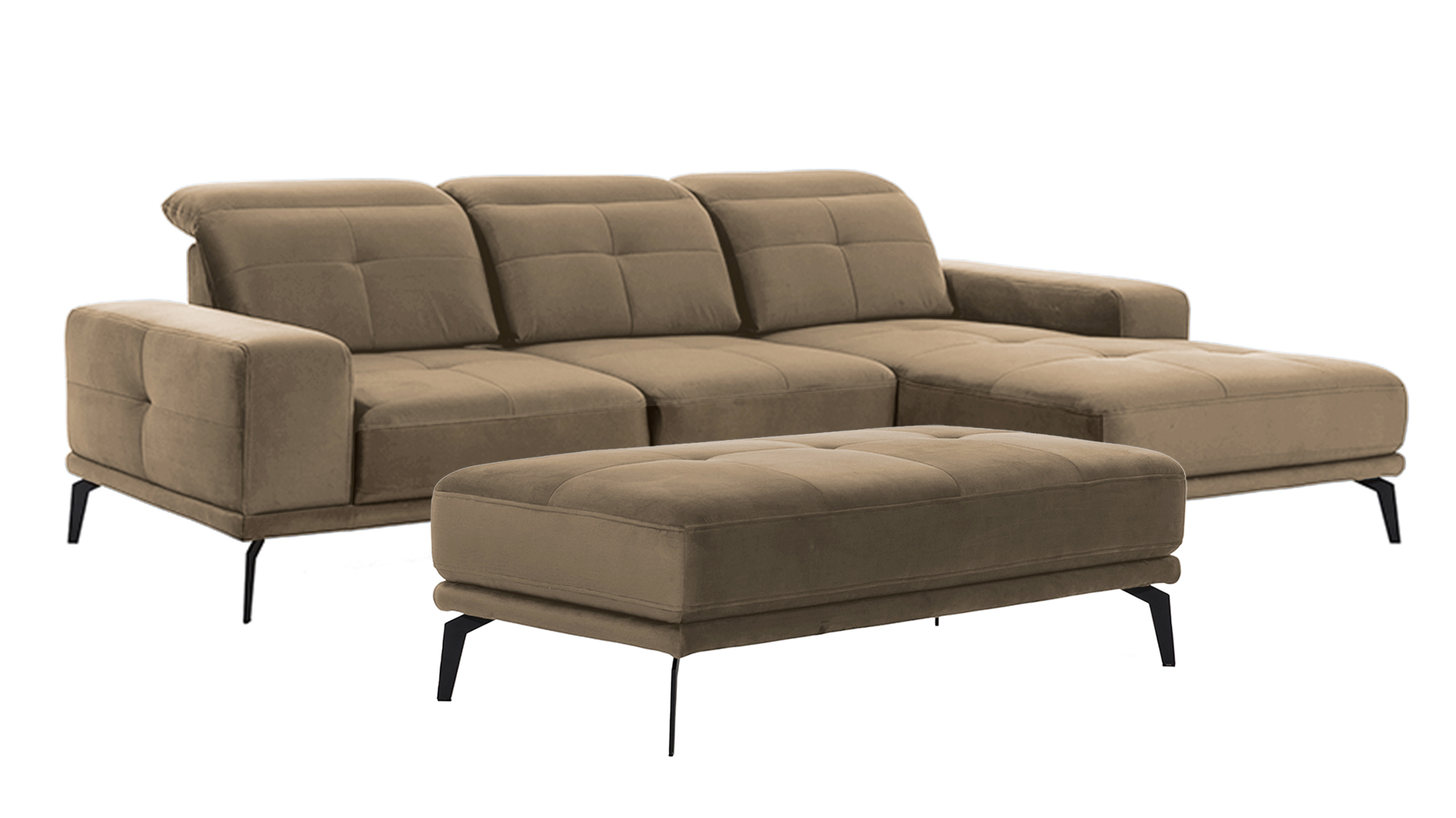 Narożnik z funkcją spania Alisario L-kształtny z pufą brązowy welwet hydrofobowy prawostronny - zdjęcie 1