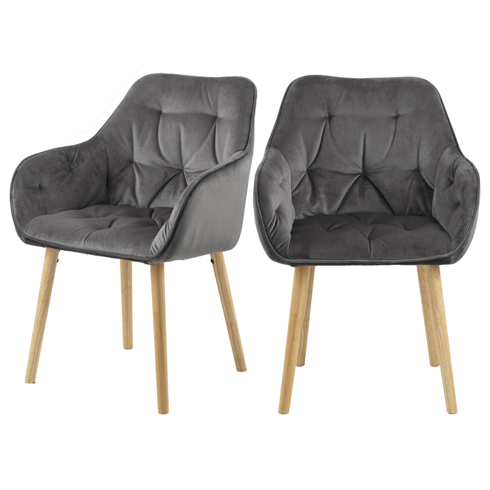 Zestaw dwóch krzeseł tapicerowanych z podłokietnikami Agamos ciemnoszary welur na drewnianych nóżkach