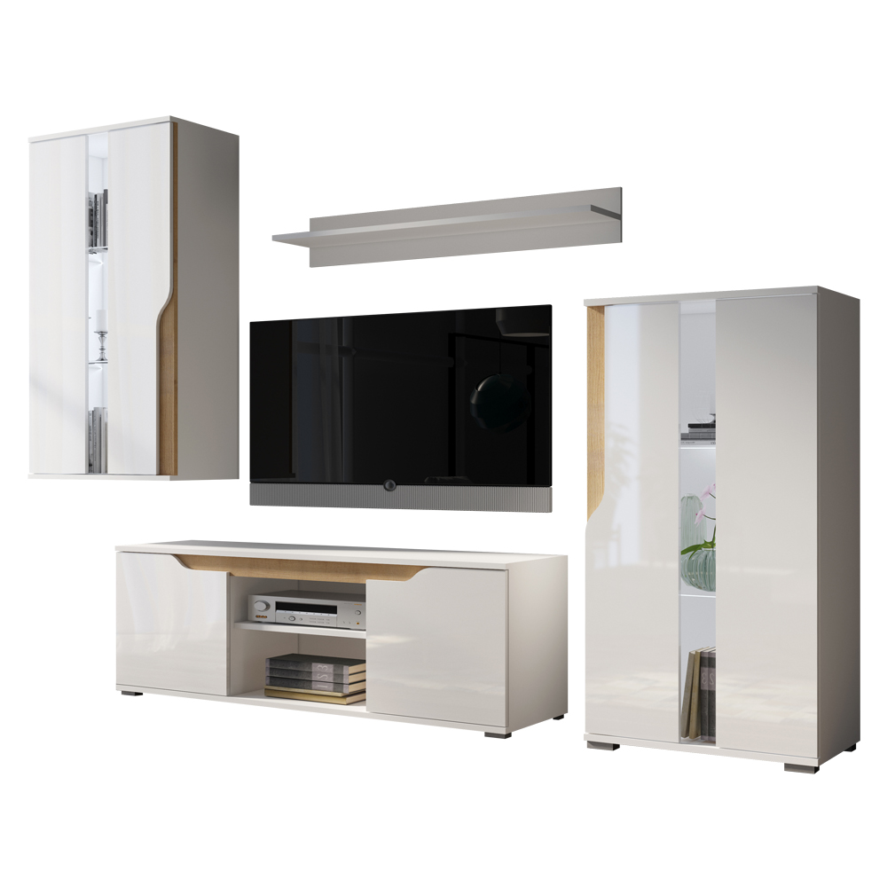 Meblościanka Promina z dwiema witrynami Biały mat / Biały połysk / Dąb złoty  - zdjęcie 1