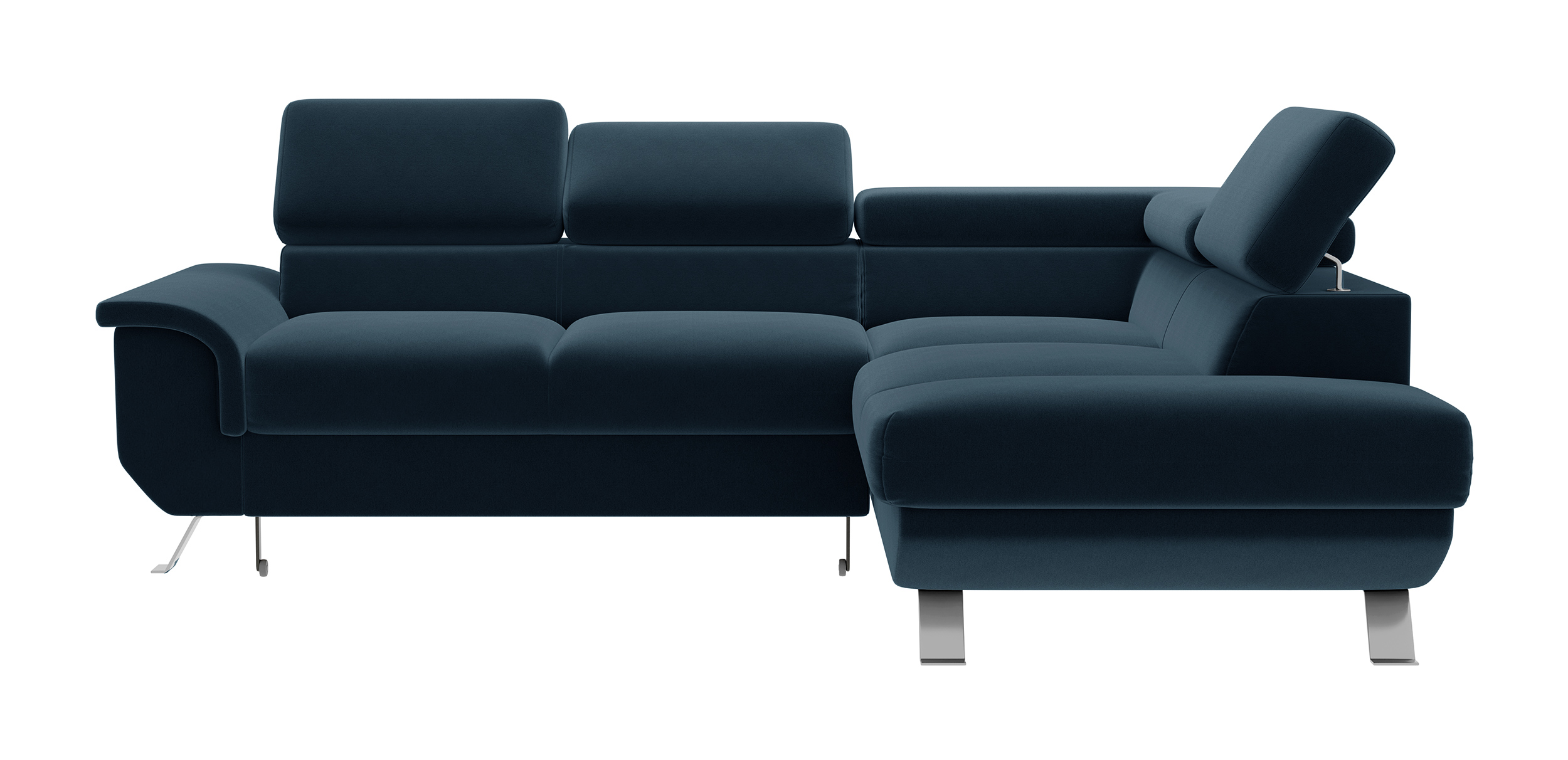 Narożnik z funkcją spania Carenero L-kształtny z pojemnikiem i regulowanymi zagłówkami granatowy welur hydrofobowy prawostronny - zdjęcie 1