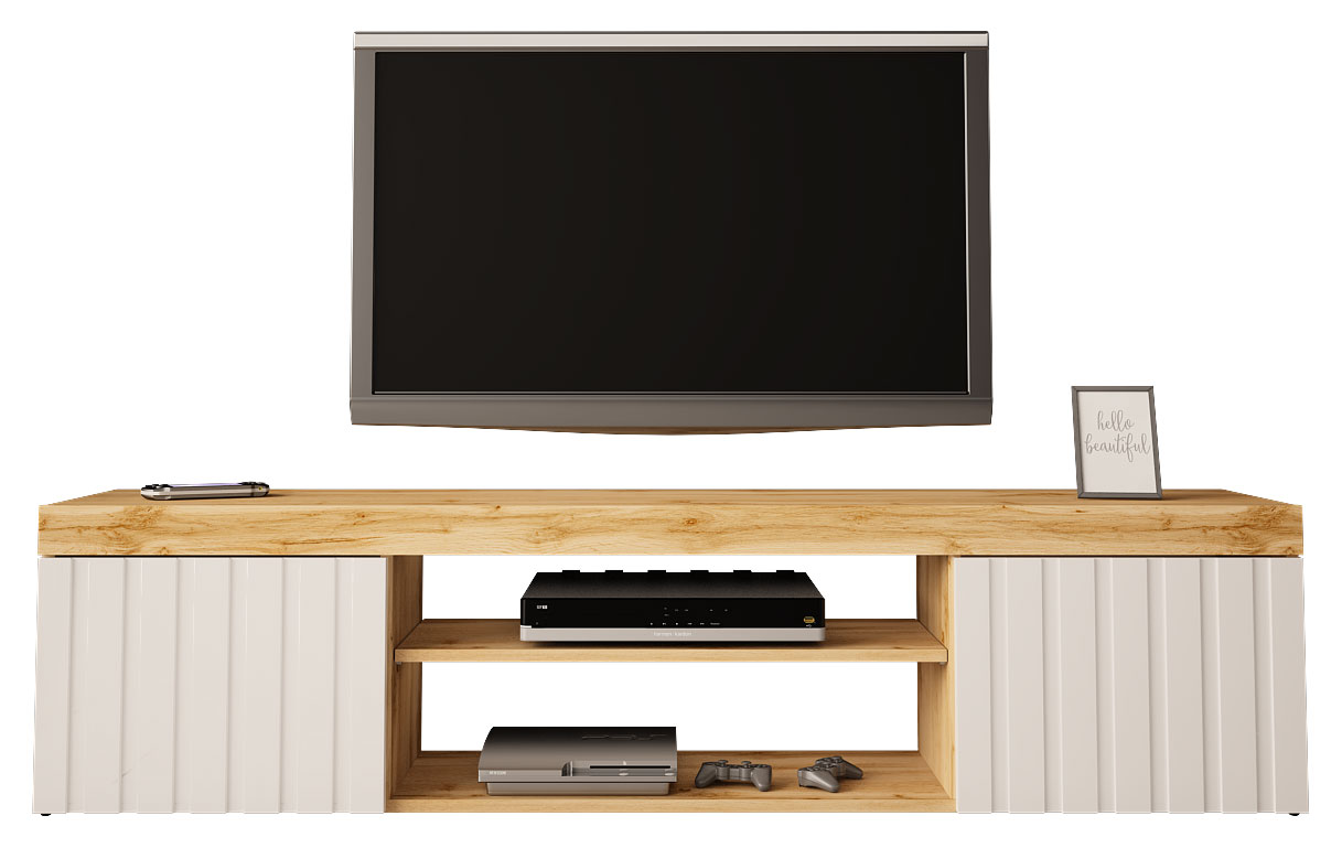 Szafka RTV Kalva 180 cm dąb wotan / biały połysk lamele