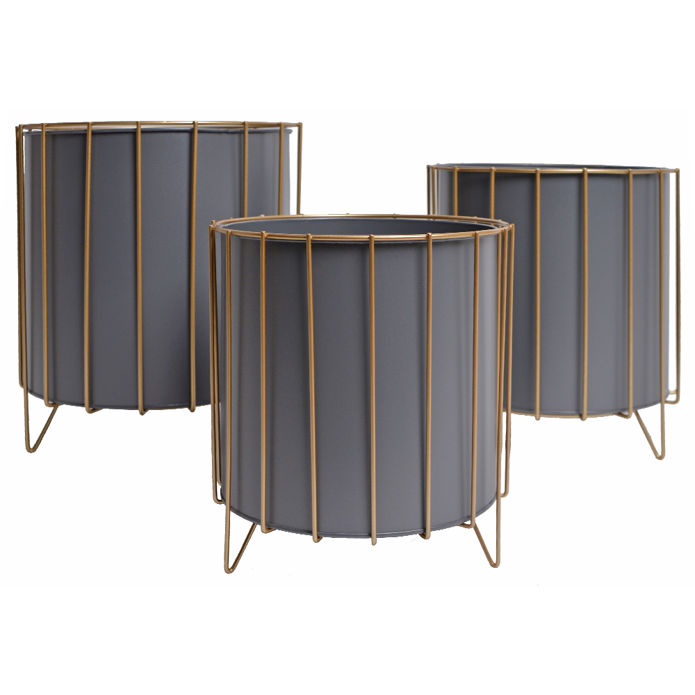 Zestaw trzech doniczek Grapical szare na złotym stelażu - zdjęcie 1