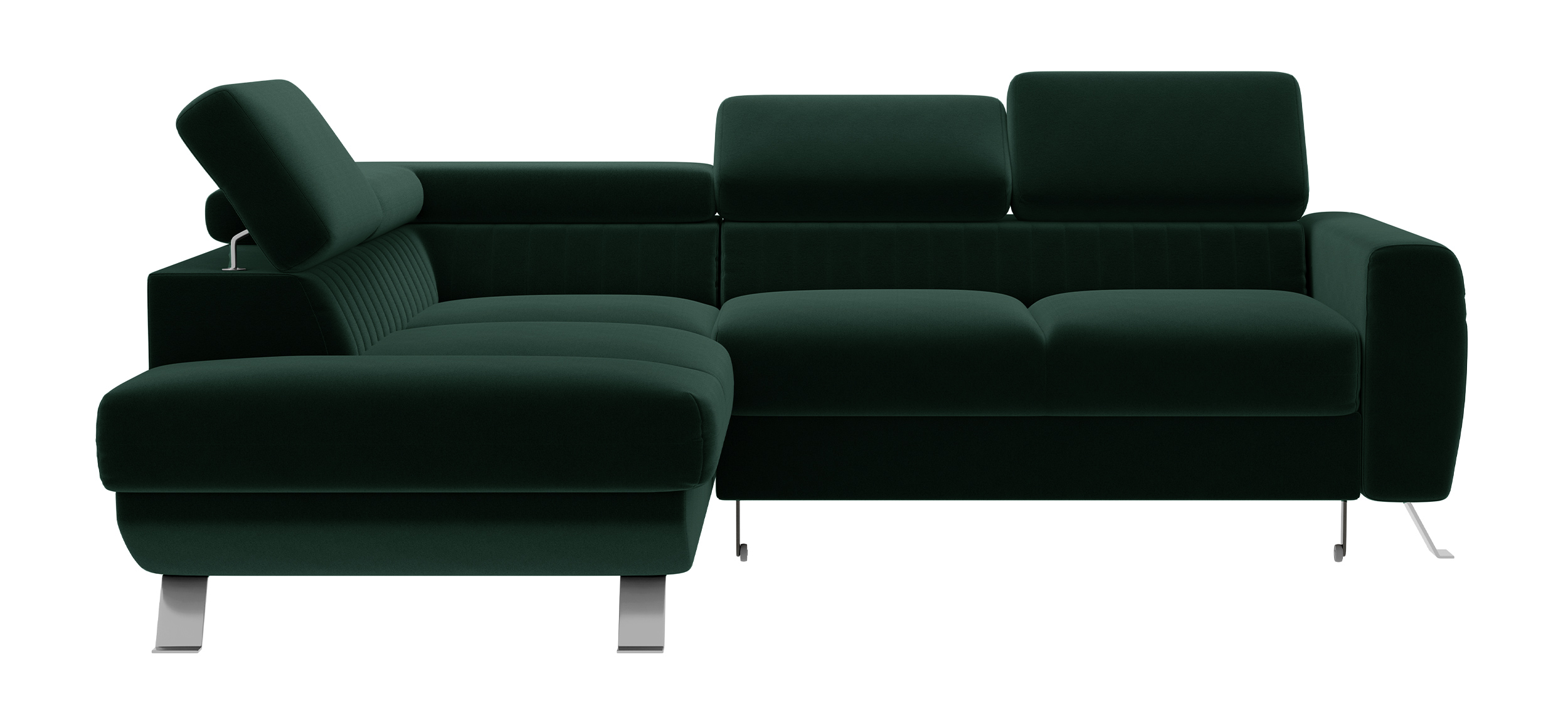 Narożnik z funkcją spania Bambito L-kształtny z pojemnikiem i regulowanymi zagłówkami ciemnozielony welur hydrofobowy lewostronny - zdjęcie 1