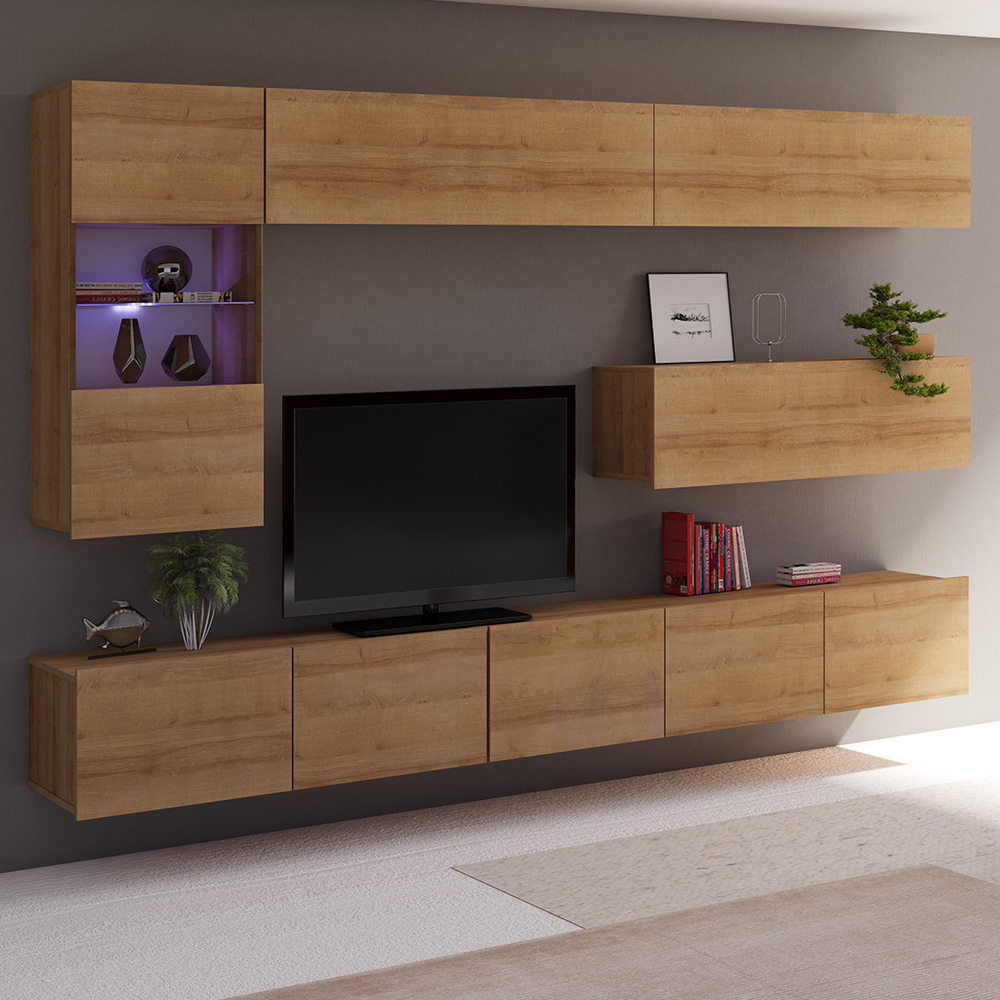 Meblościanka Kirdon z trzema wiszącymi półkami i witryną Dąb złoty  - zdjęcie 2