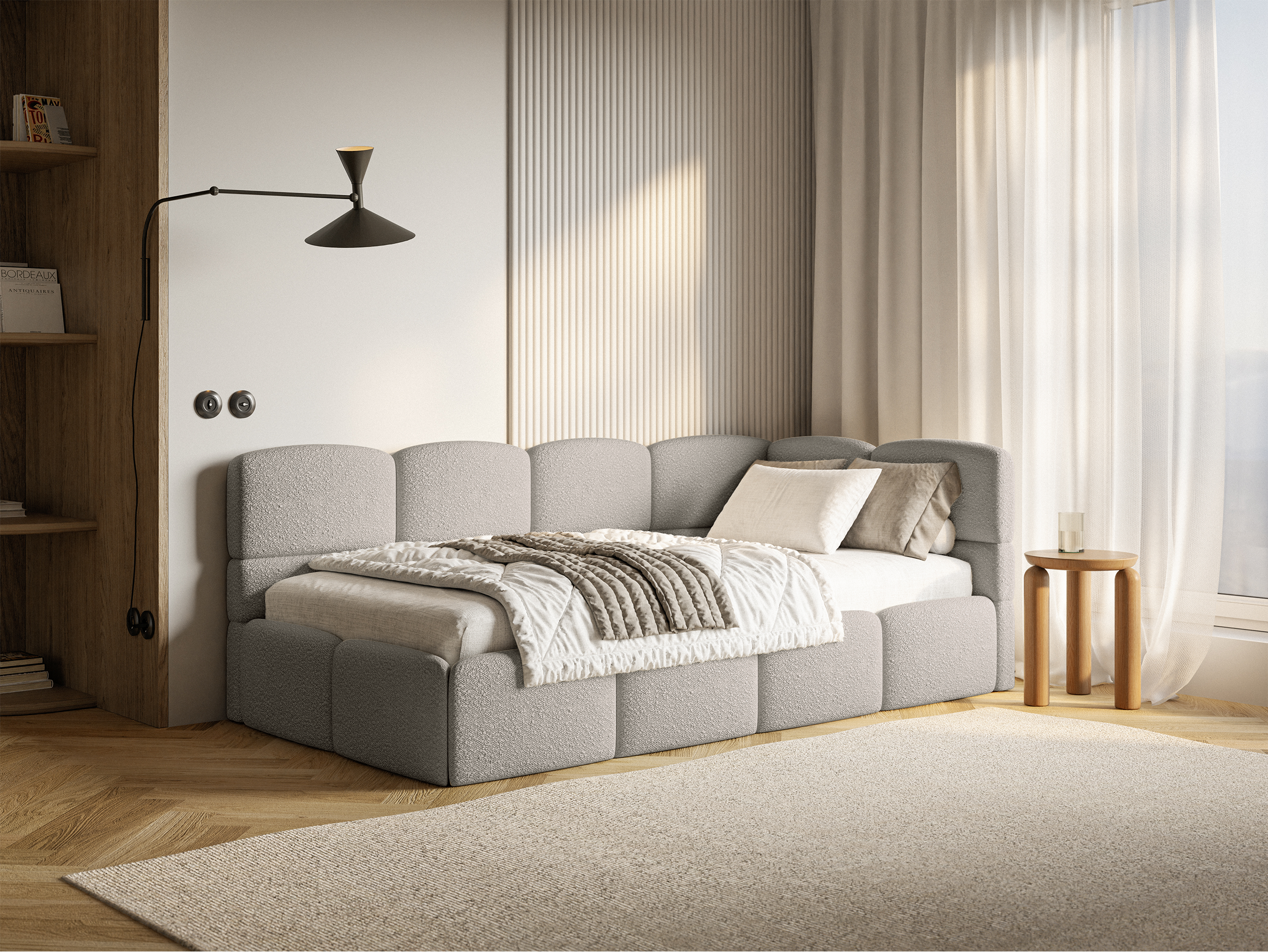 Łóżko młodzieżowe 90x200 cm Cloudy prawostronne z pojemnikiem szarobeżowe boucle