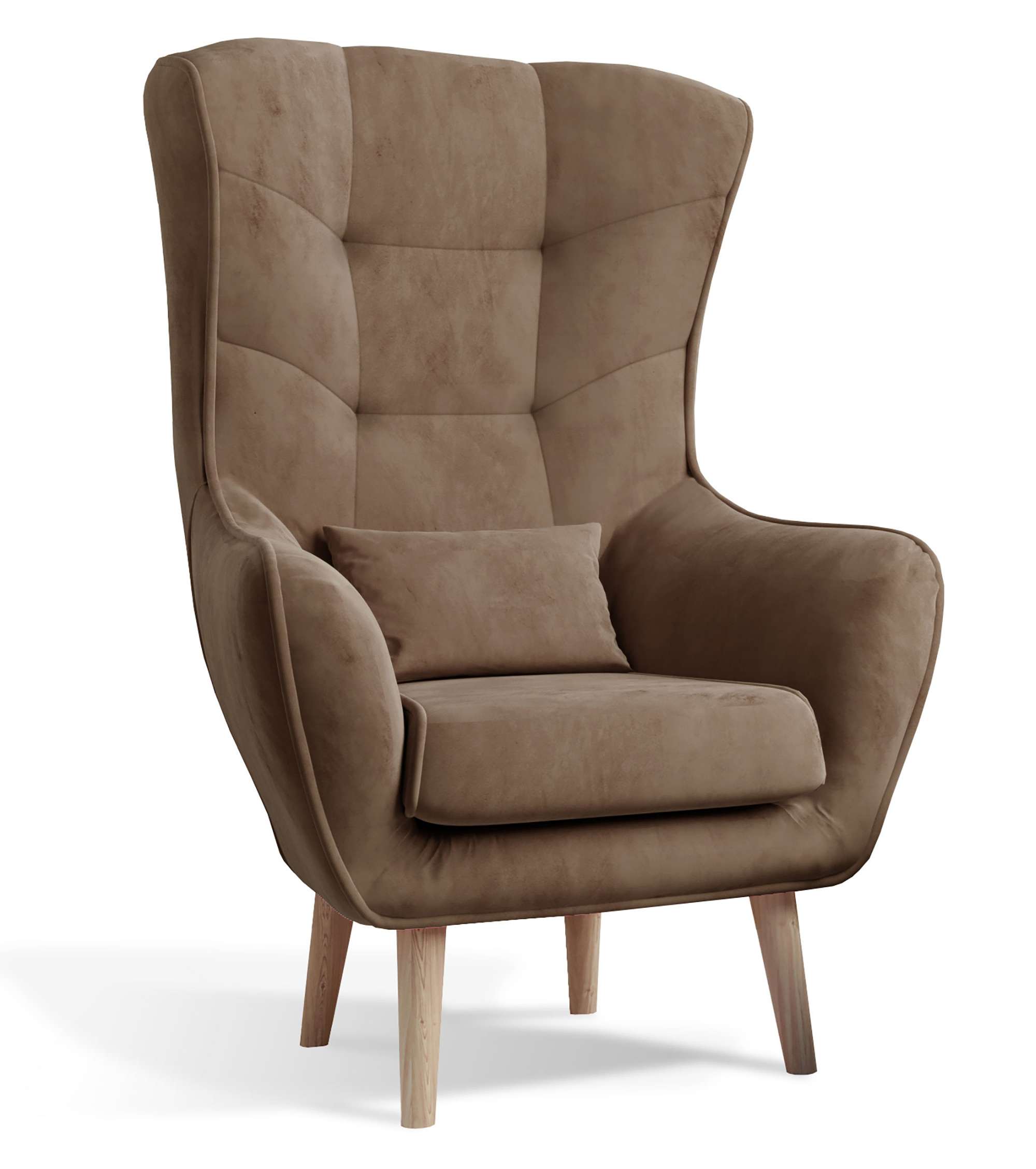 Fotel uszak Tices pikowany na drewnianych nogach brązowy welwet hydrofobowy