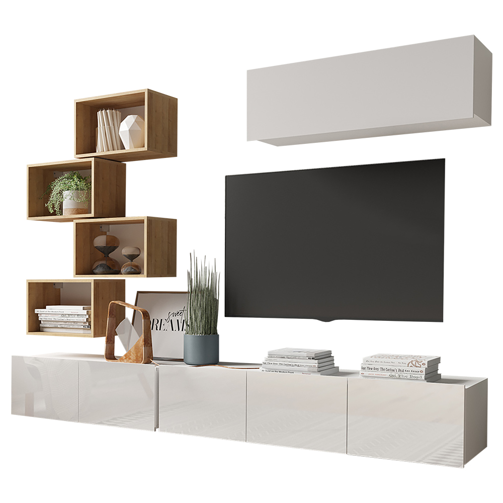 Meblościanka Kirdon z czterema otwartymi półkami oraz jedną zamykaną Biały / Dąb złoty  - zdjęcie 1