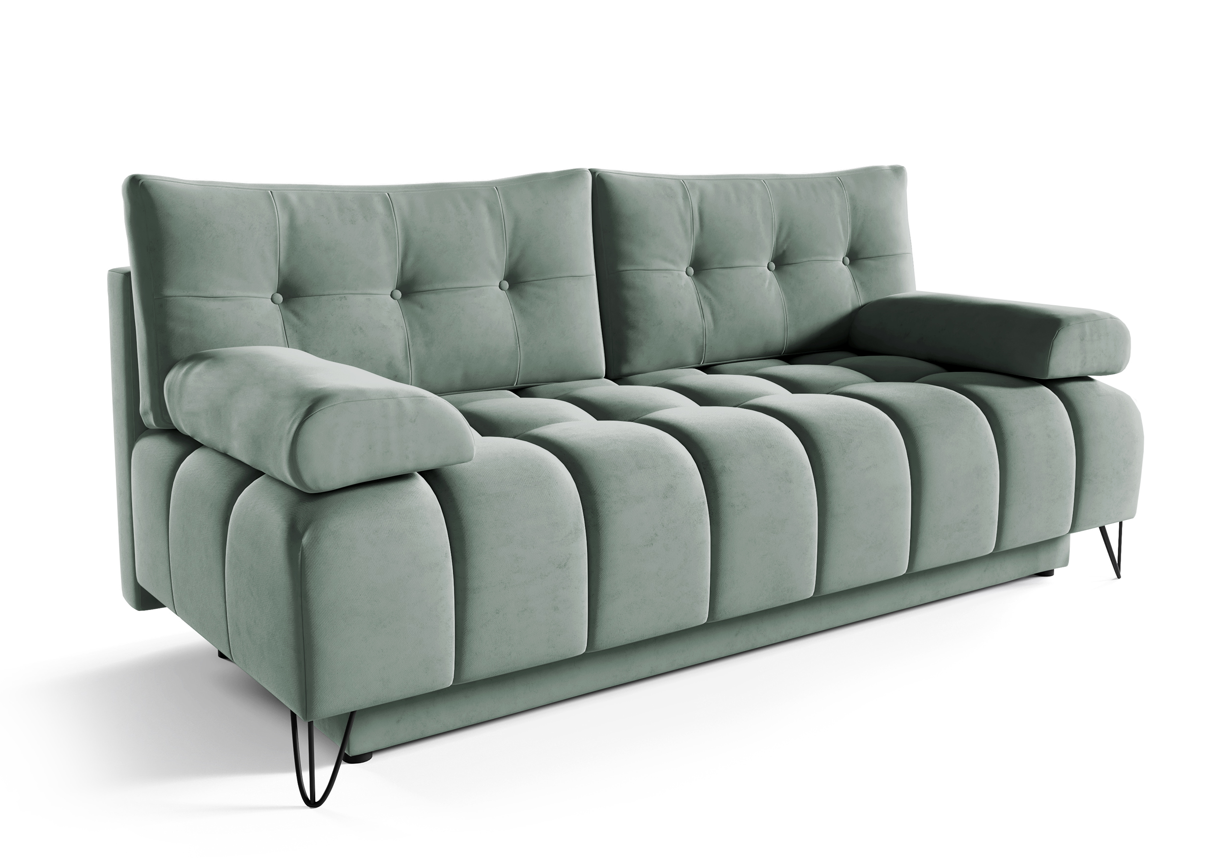 Kanapa rozkładana trzyosobowa Bareli szałwiowa z pojemnikiem welur hydrofobowy - zdjęcie 1