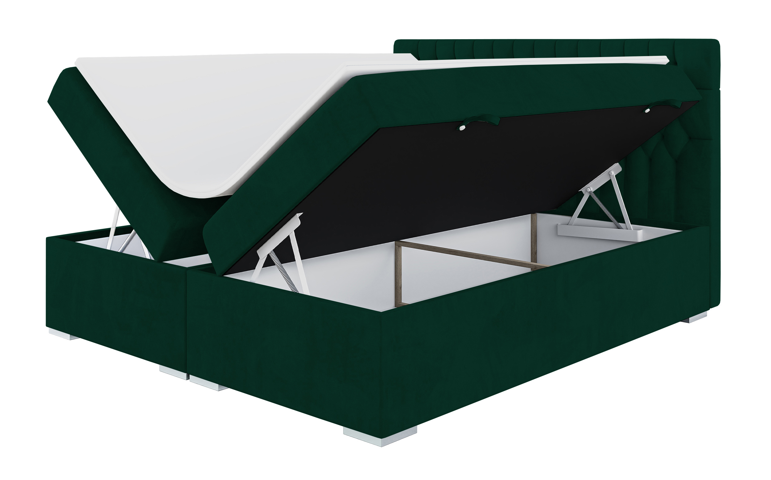 Łóżko kontynentalne 140x200 cm Persival z pojemnikami i topperem zielone welur