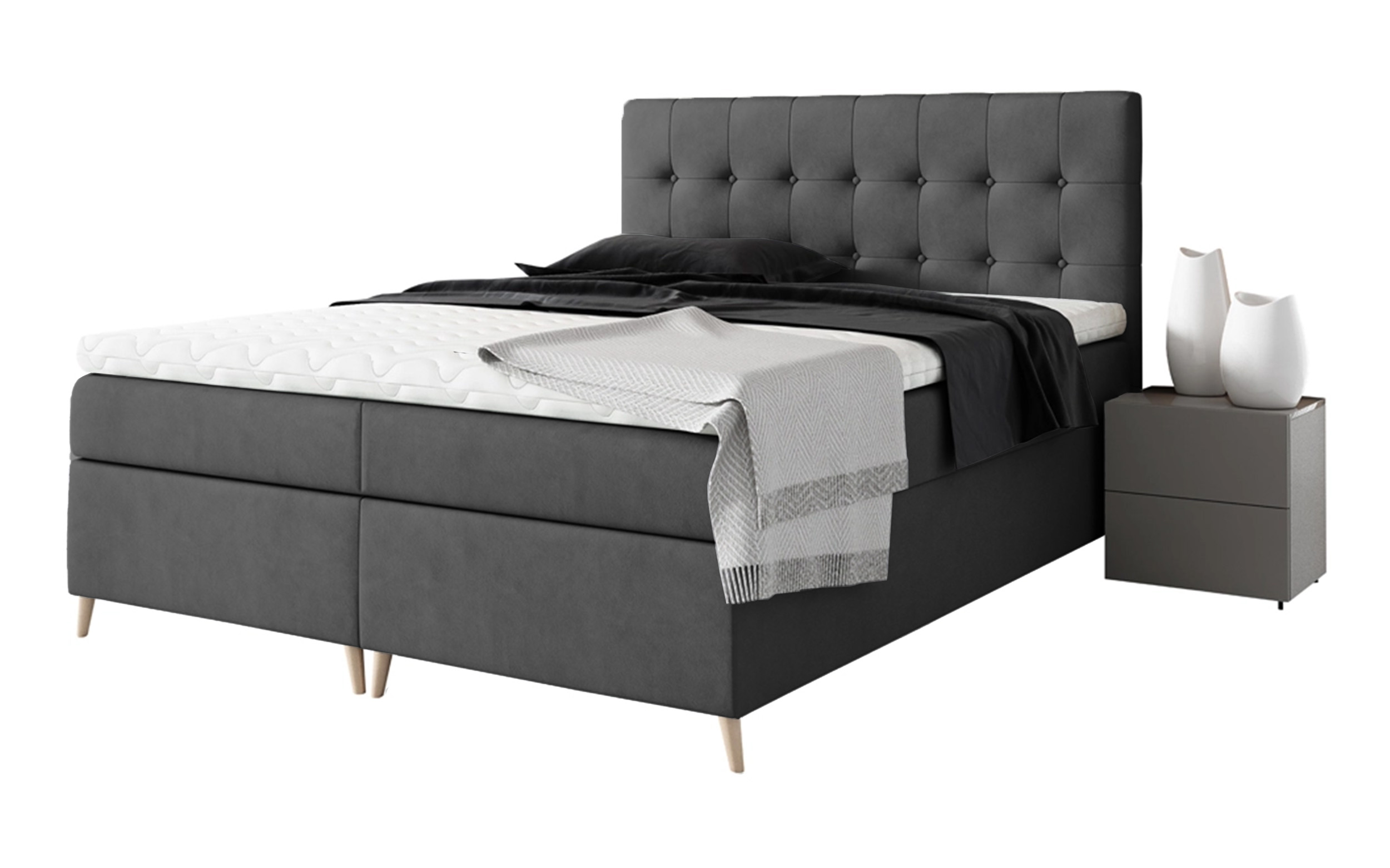 Łóżko kontynentalne Merrans 140x200 z dwoma pojemnikami, materacem i topperem ciemnoszare hydrofobowe - zdjęcie 1