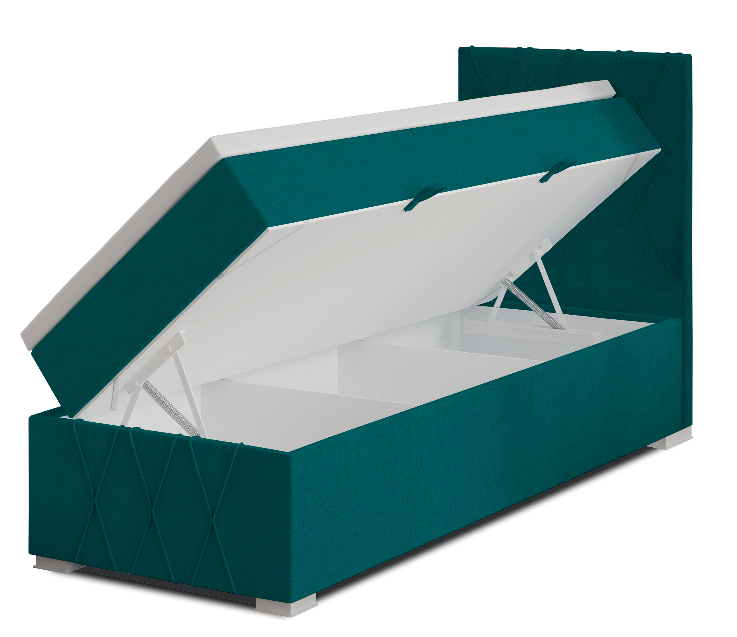 Łóżko kontynentalne 90x200 cm Segarati z pojemnikiem i topperem turkusowe welur hydrofobowy prawostronne