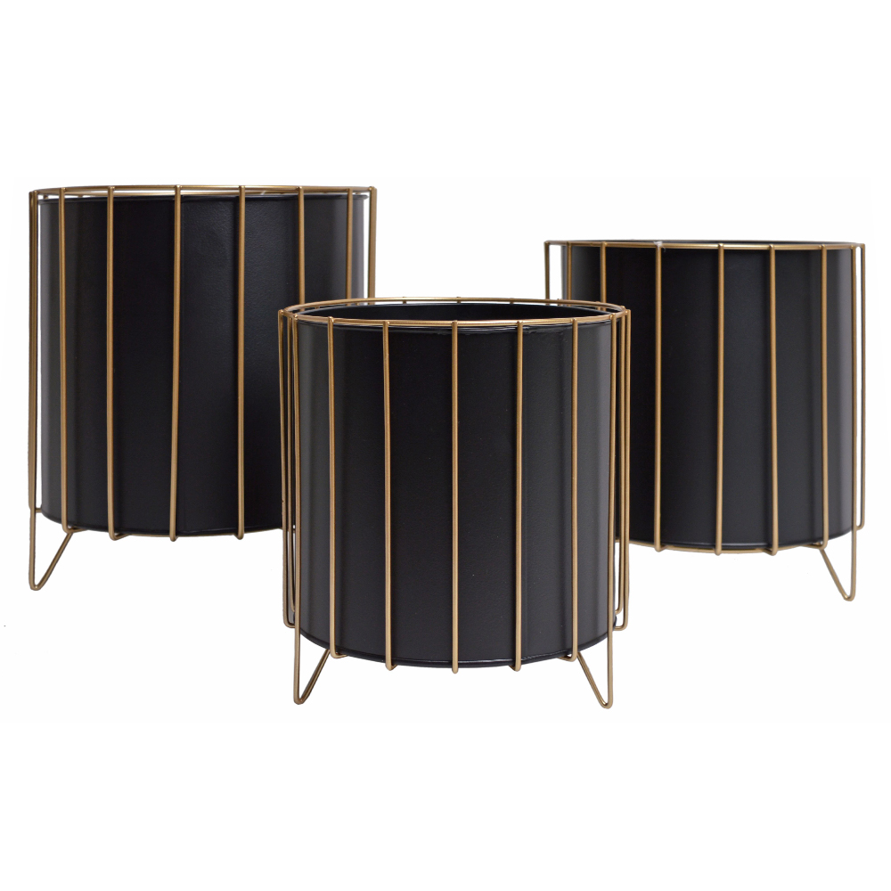 Zestaw trzech doniczek Grapical czarne na złotym stelażu - zdjęcie 1