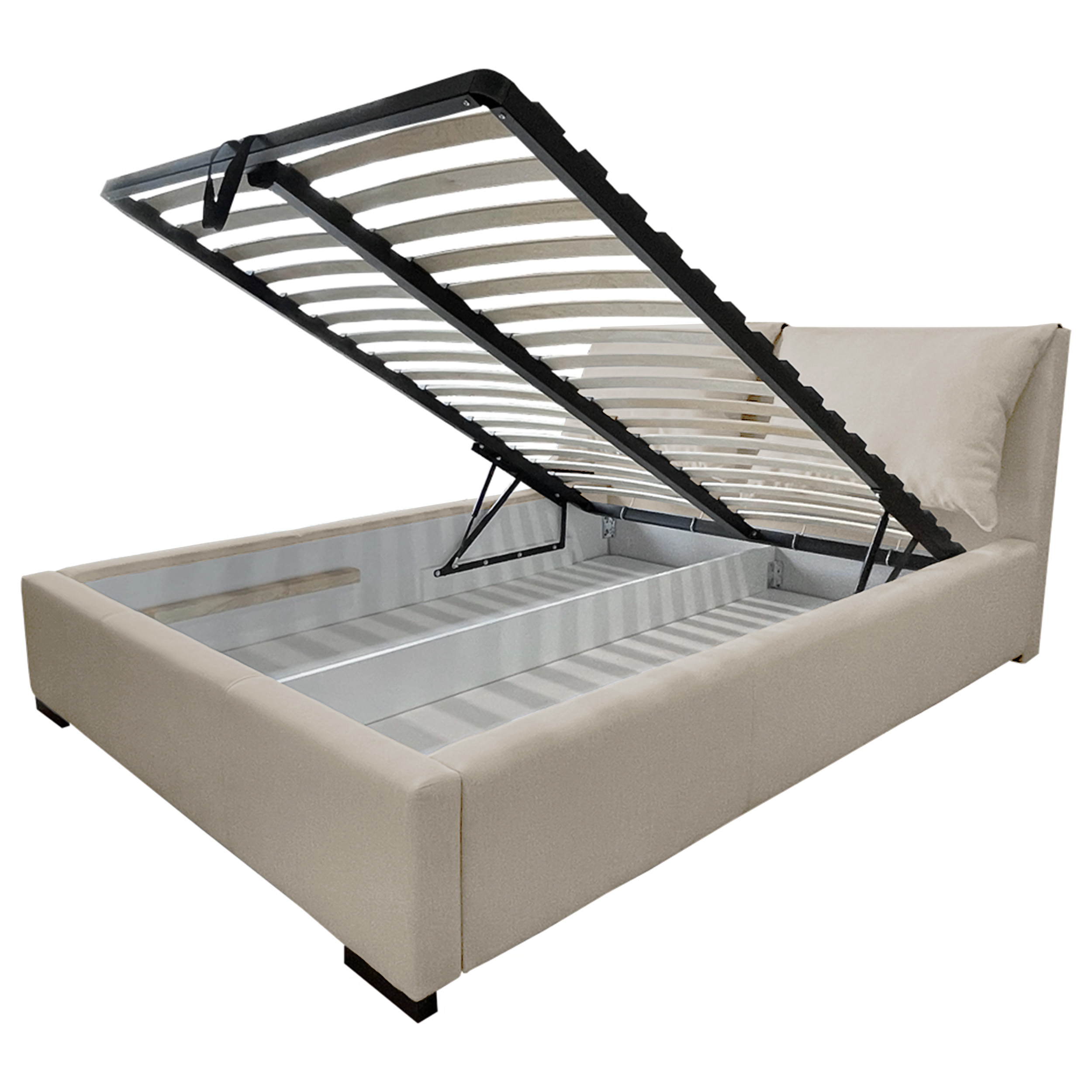 Łóżko tapicerowane Doevi 140x200 ze stelażem metalowym i pojemnikiem beżowe hydrofobowe - zdjęcie 1