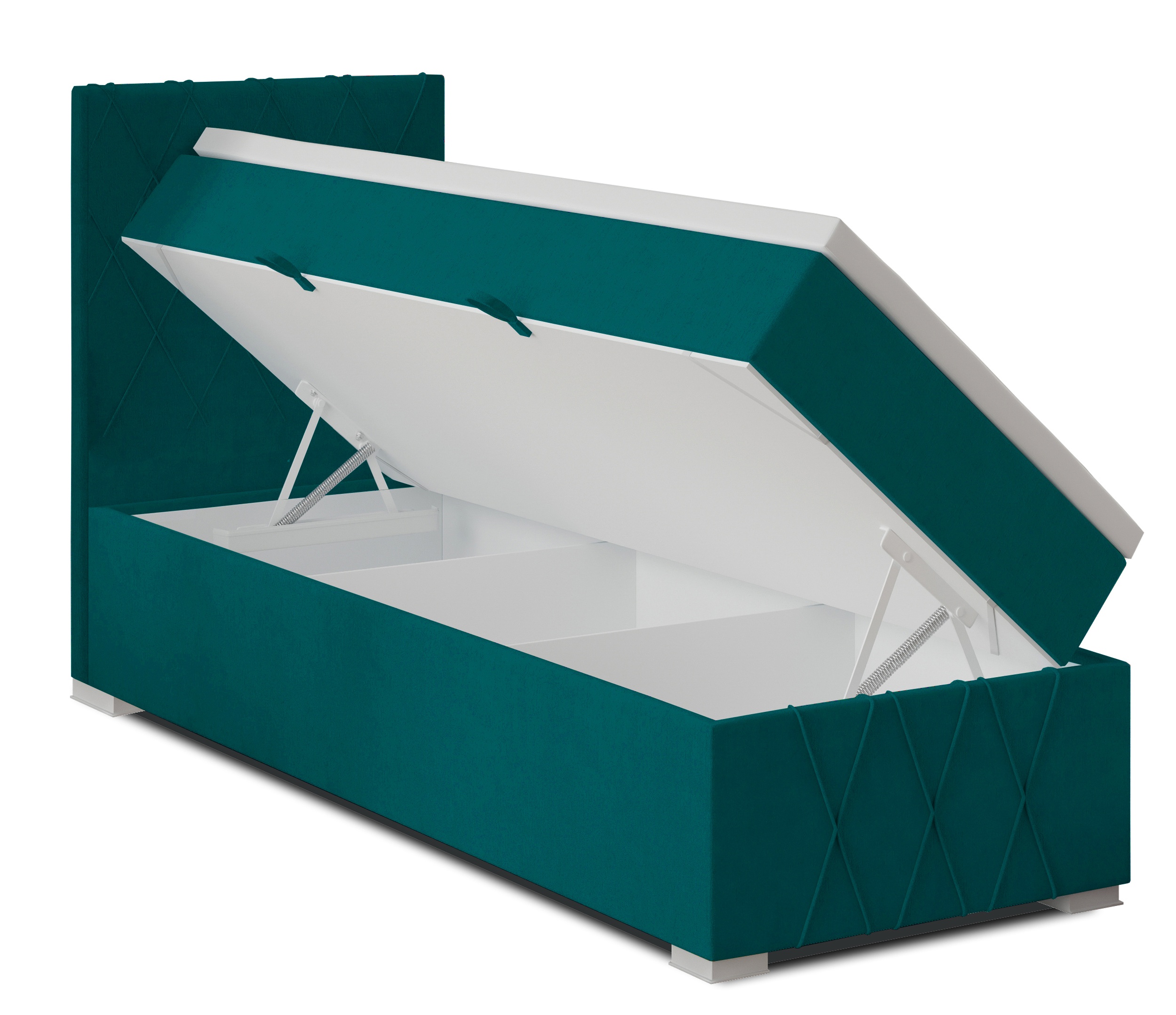 Łóżko kontynentalne 90x200 cm Segarati z pojemnikiem i topperem turkusowe welur hydrofobowy lewostronne