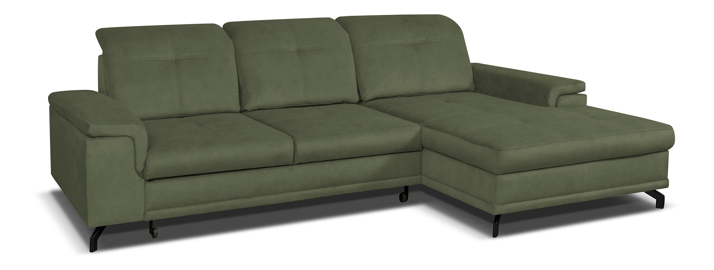 Narożnik z funkcją spania Berberati L-kształtny oliwkowy nogi czarne velvet hydrofobowy z pojemnikiem prawostronny