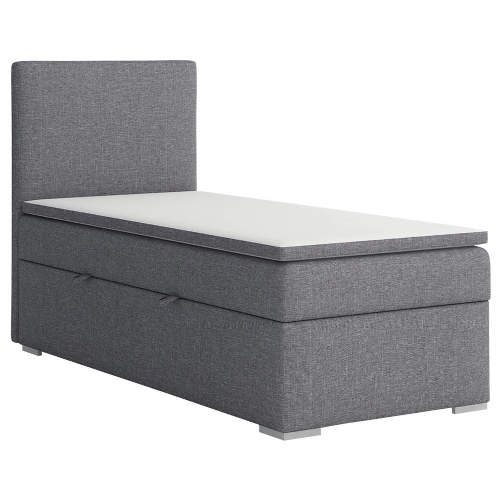 Łóżko kontynentalne jednoosobowe z pojemnikiem i topperem Mechico 90x200 cm jasnoszare plecionka lewostronne - zdjęcie 1