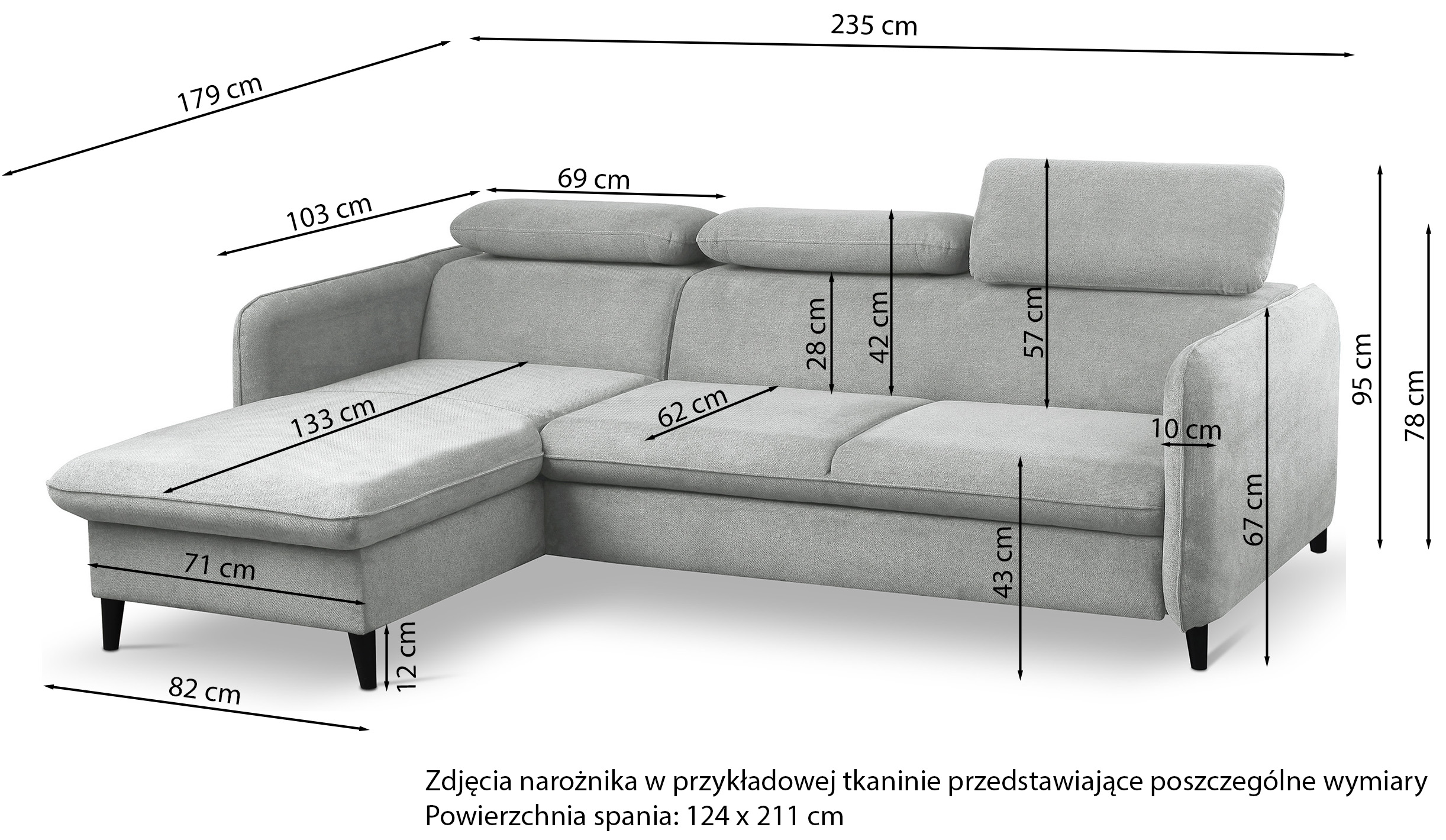 Narożnik z funkcją spania Drene L-kształtny lewostronny z regulowanymi zagłówkami i pojemnikiem biały szenil hydrofobowy